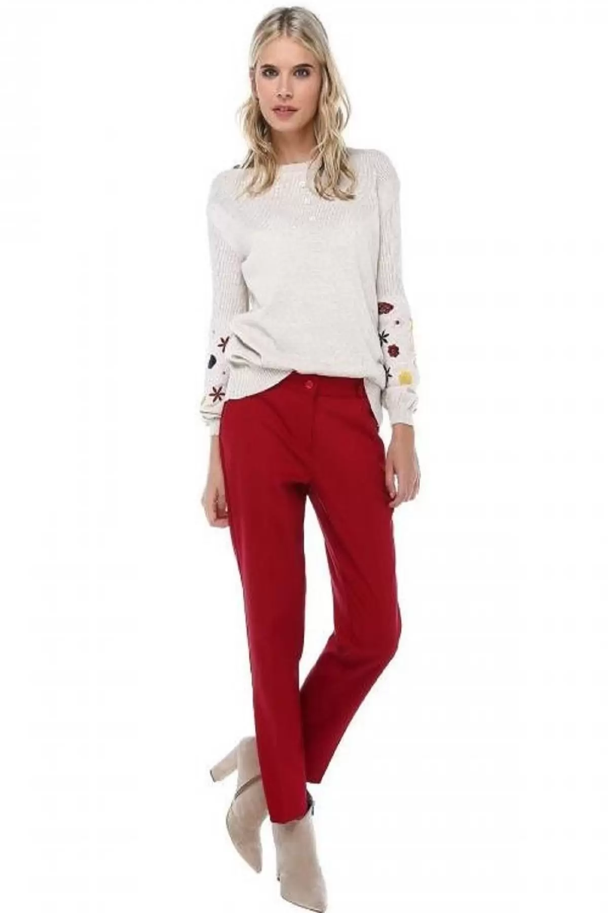 Bisiklet Yaka Nakışlı ve Düğmeli Basic Taş Triko Kadın Kazak