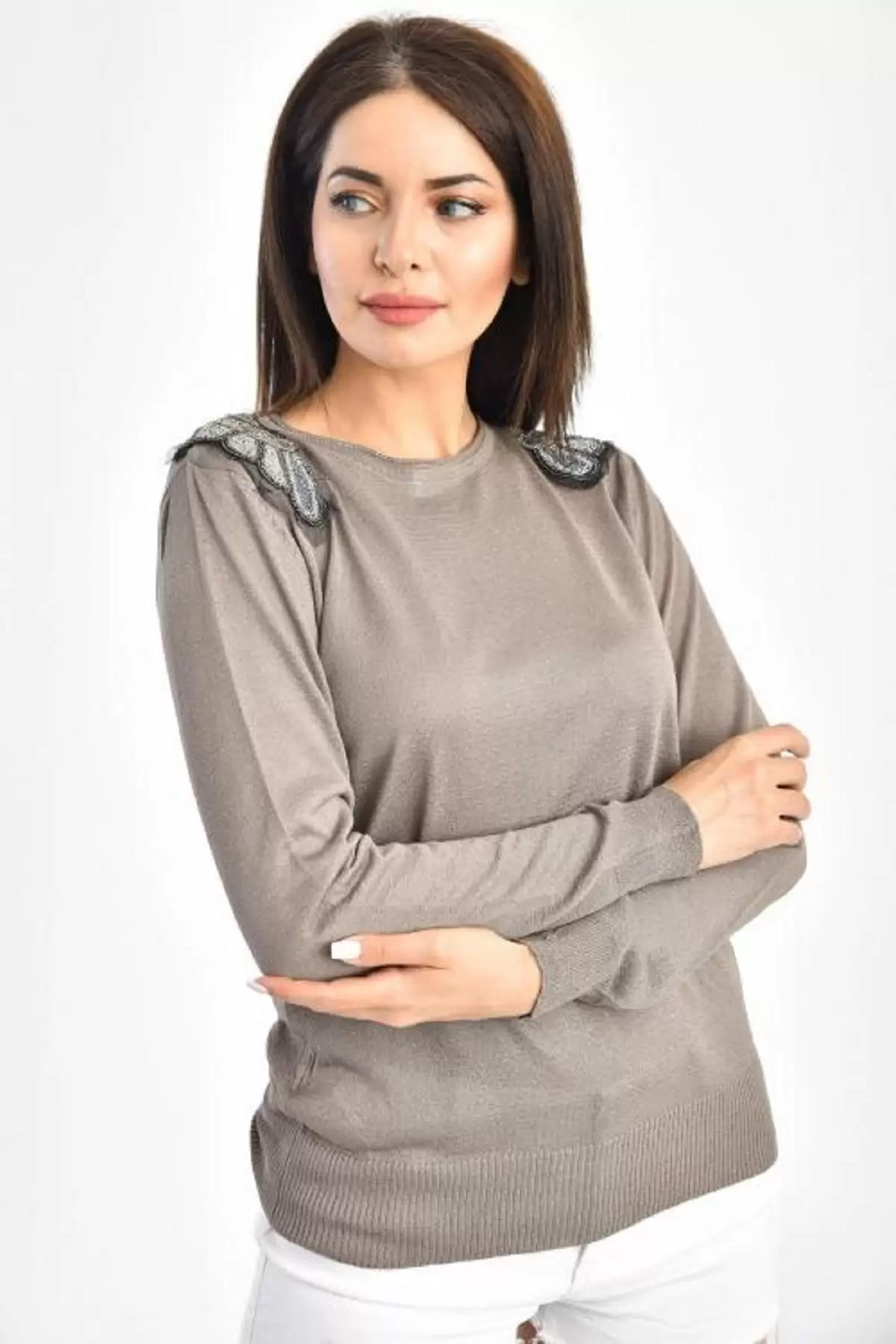 Bisiklet Yaka Omuz Taş İşlemeli Uzun Kollu Triko Kadın Bluz