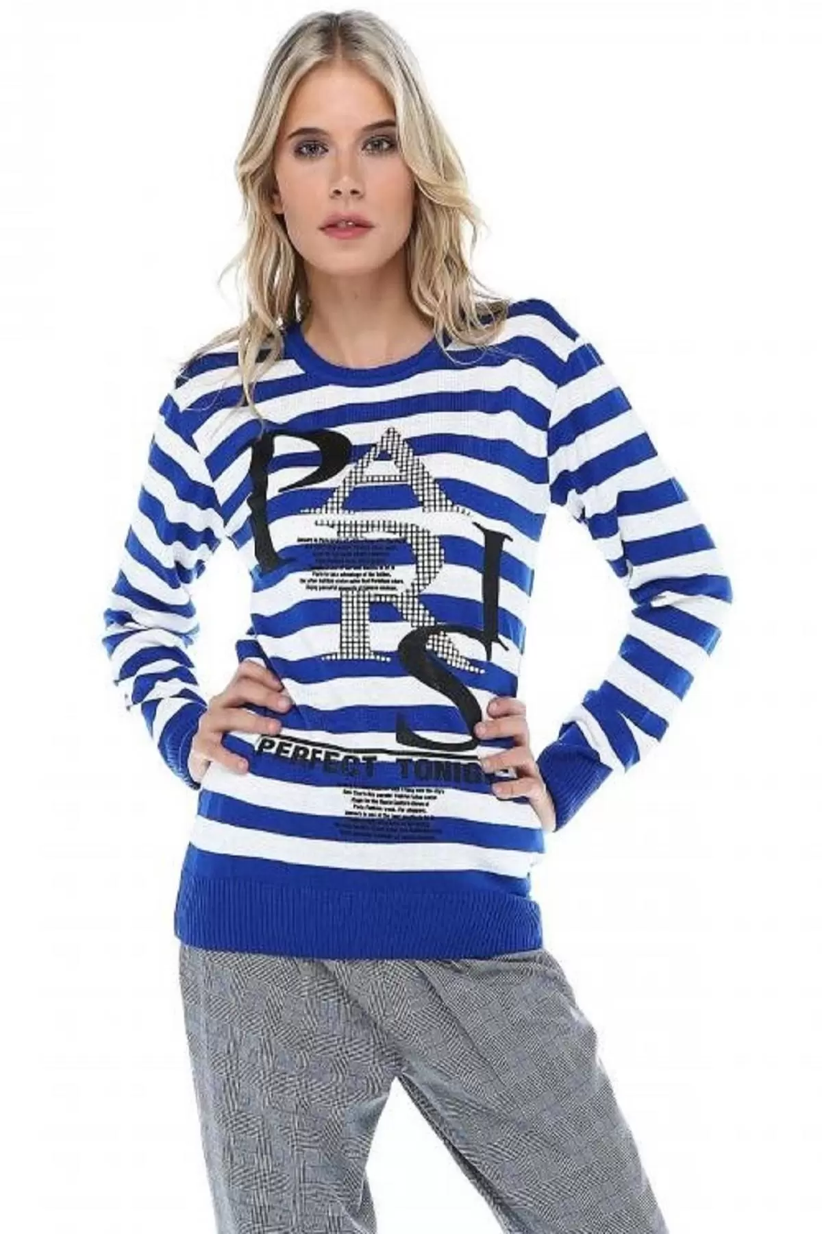 Bisiklet Yaka Paris Baskılı Çizgili Basic Mavi Kadın Triko Kazak