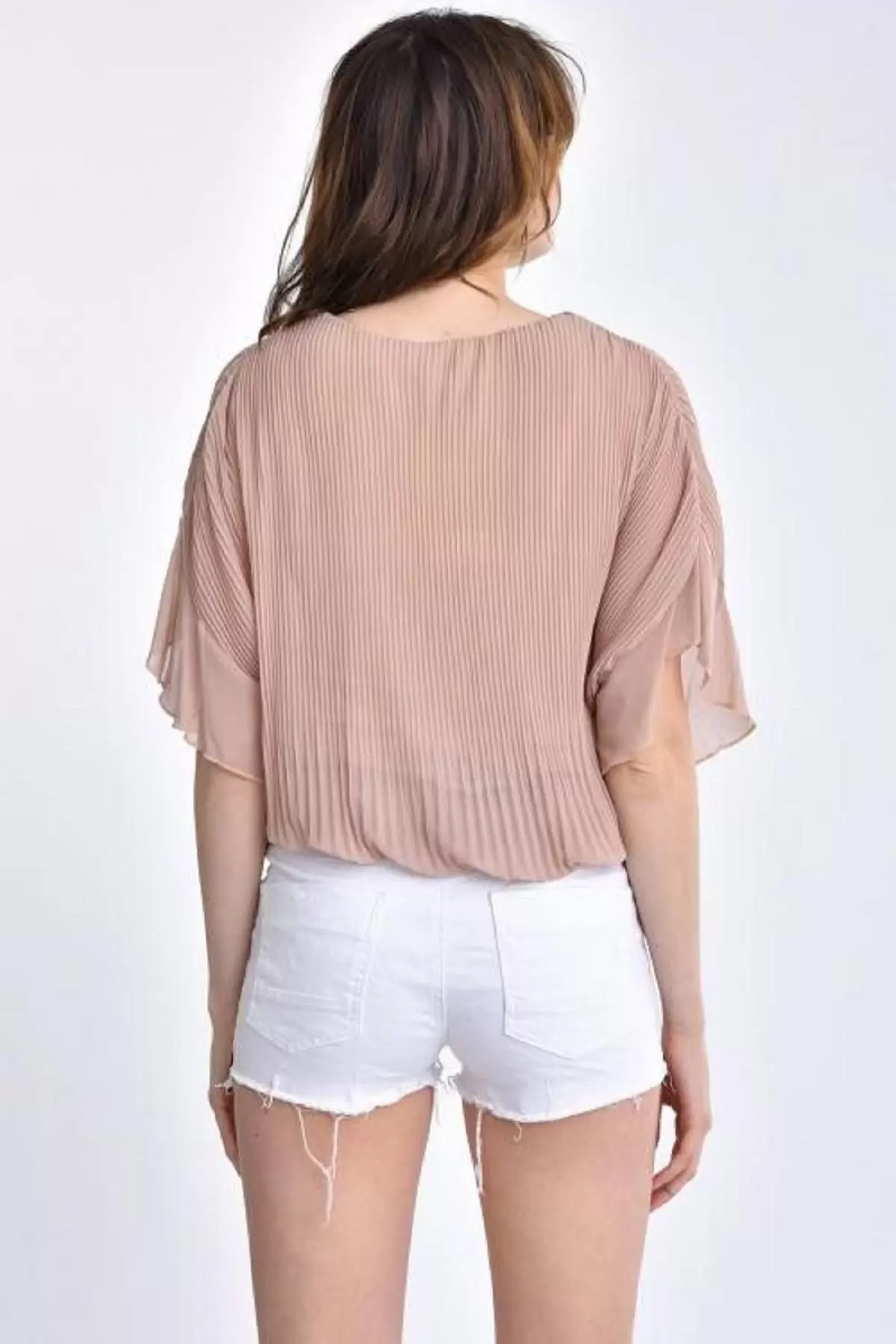 Bisiklet Yaka Pileli ve Biyeli Kısa Kollu Vizon Kadın Bluz