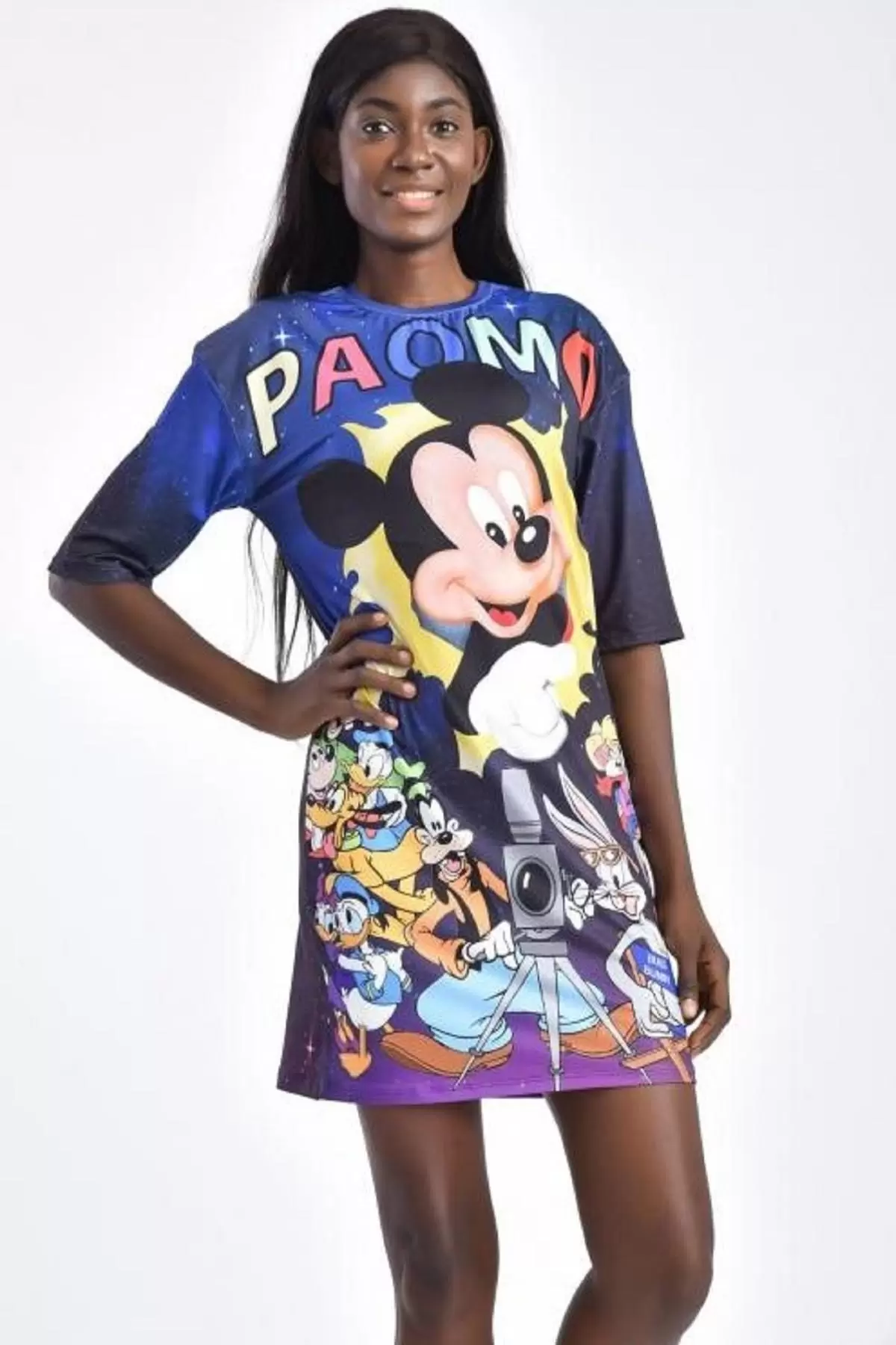 Bisiklet Yaka Renkli Baskılı Mavi Kadın Elbise