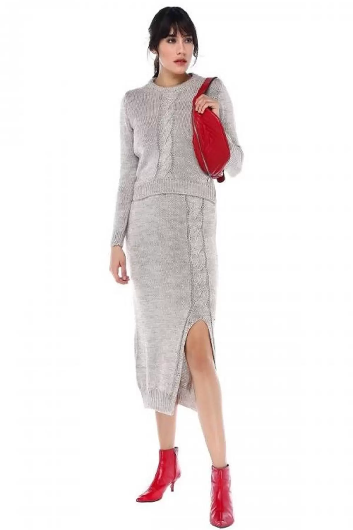 Bisiklet Yaka Saç Örgülü Uzun Yırtmaçlı Etekli Taş Kadın Triko Takım