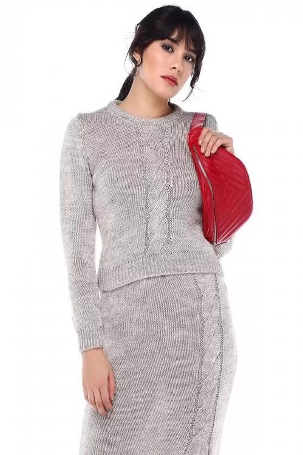 Bisiklet Yaka Saç Örgülü Uzun Yırtmaçlı Etekli Taş Kadın Triko Takım