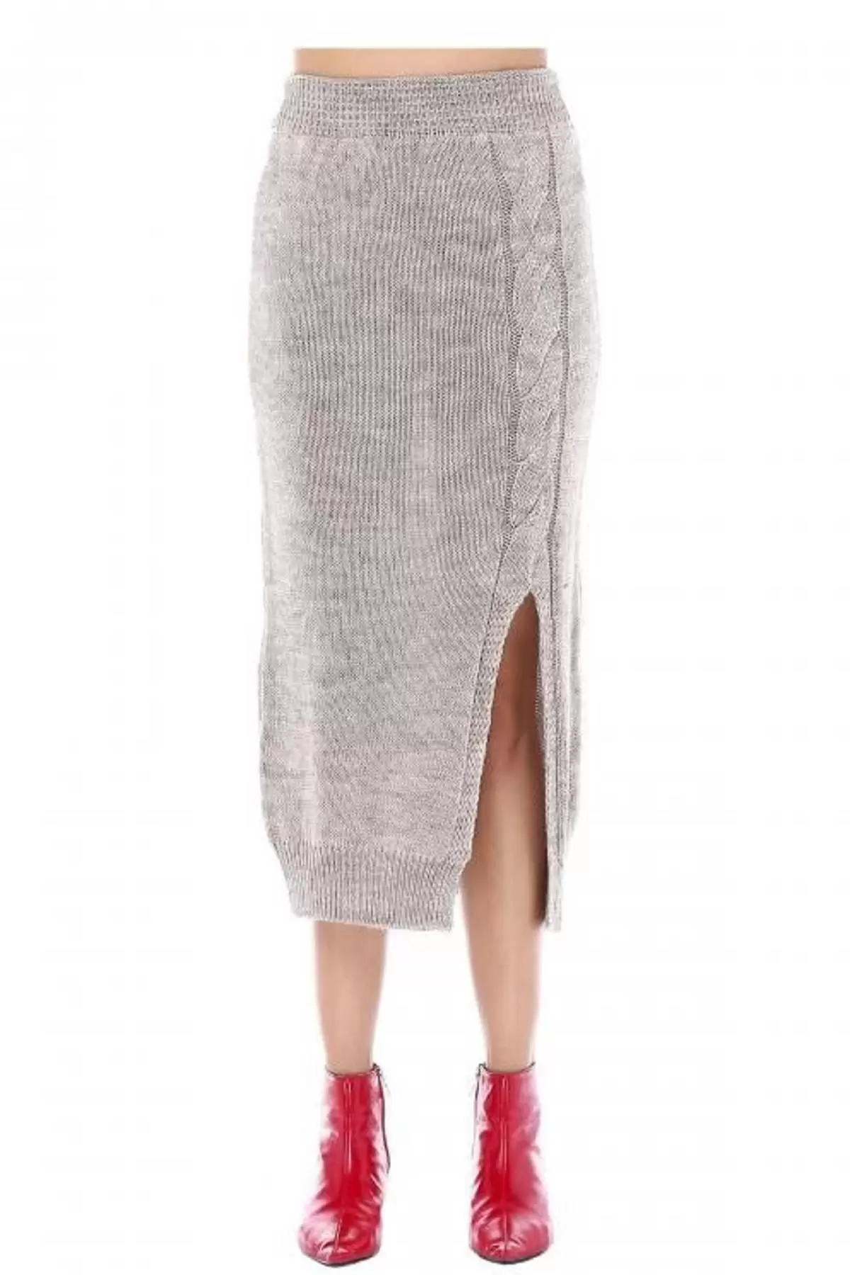 Bisiklet Yaka Saç Örgülü Uzun Yırtmaçlı Etekli Taş Kadın Triko Takım