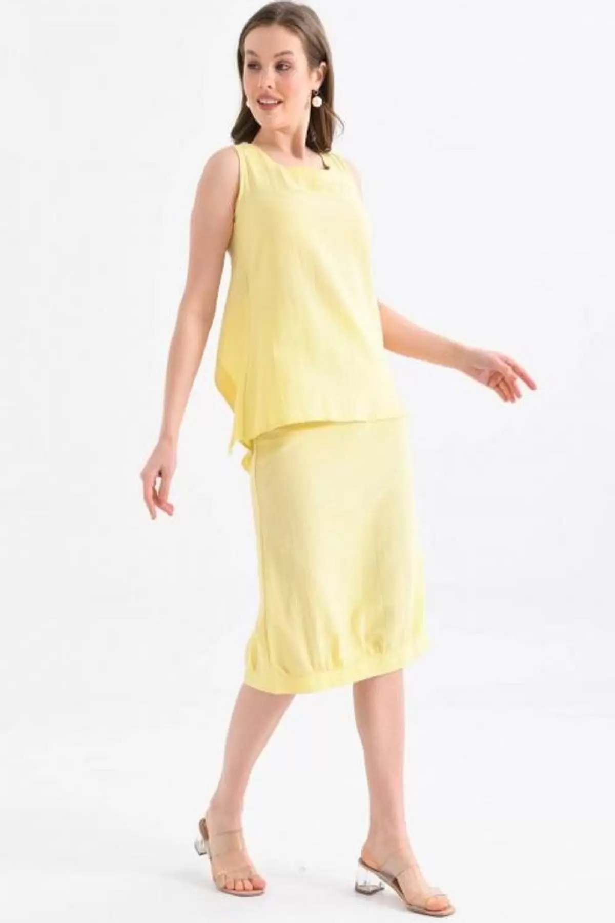 Bisiklet Yaka Sırt Detaylı Alt Üst İkili Sarı Elbise
