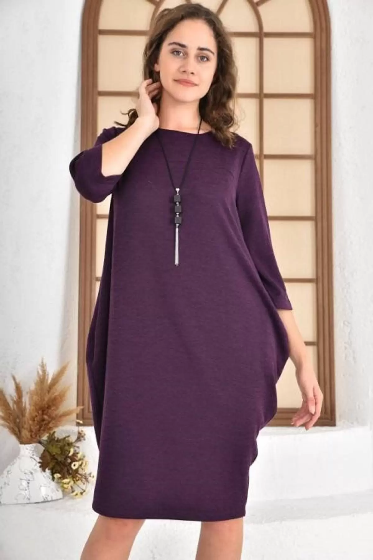 Bisiklet Yaka Takı ve Cepli Salaş Mor Triko Kadın Elbise