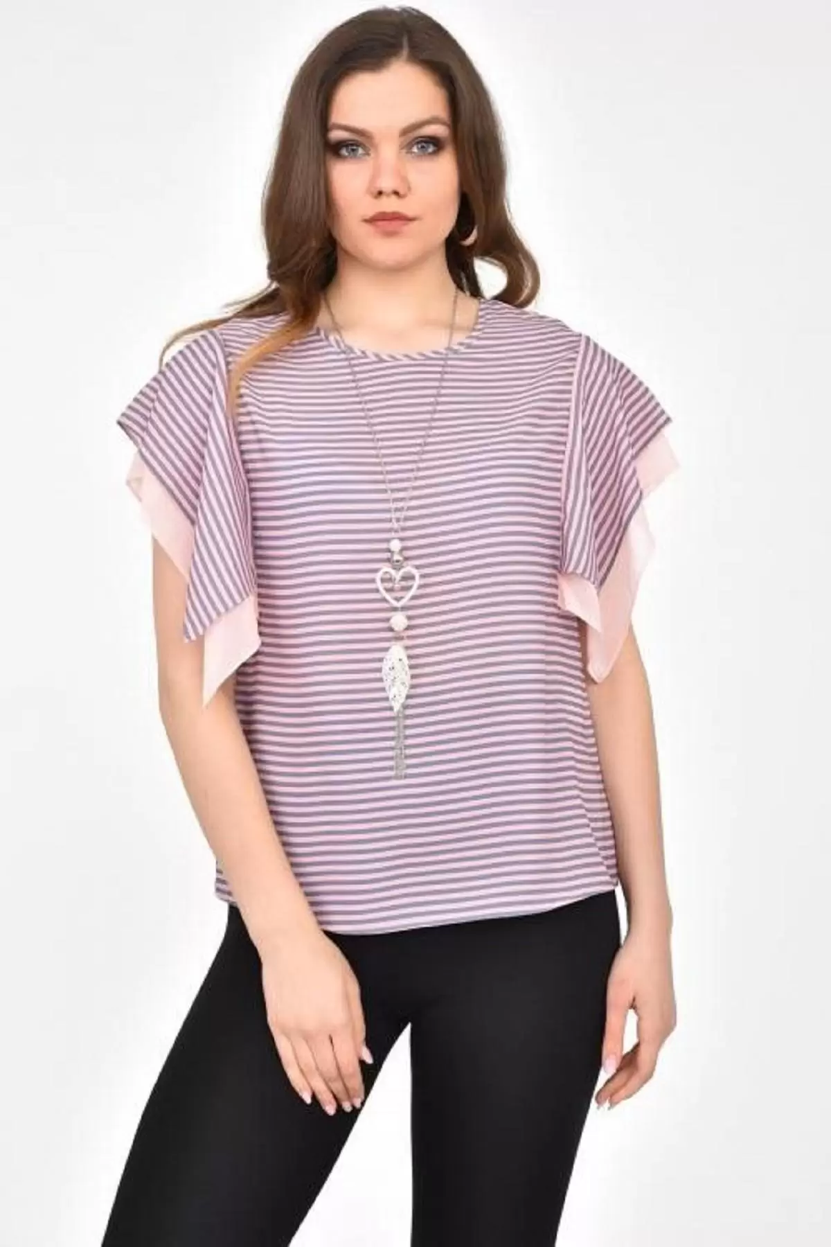 Bisiklet Yaka Takı ve Çizgili Kısa Kollu Pudra Kadın Bluz