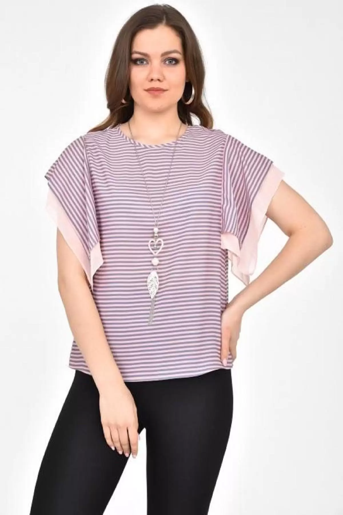 Bisiklet Yaka Takı ve Çizgili Kısa Kollu Pudra Kadın Bluz