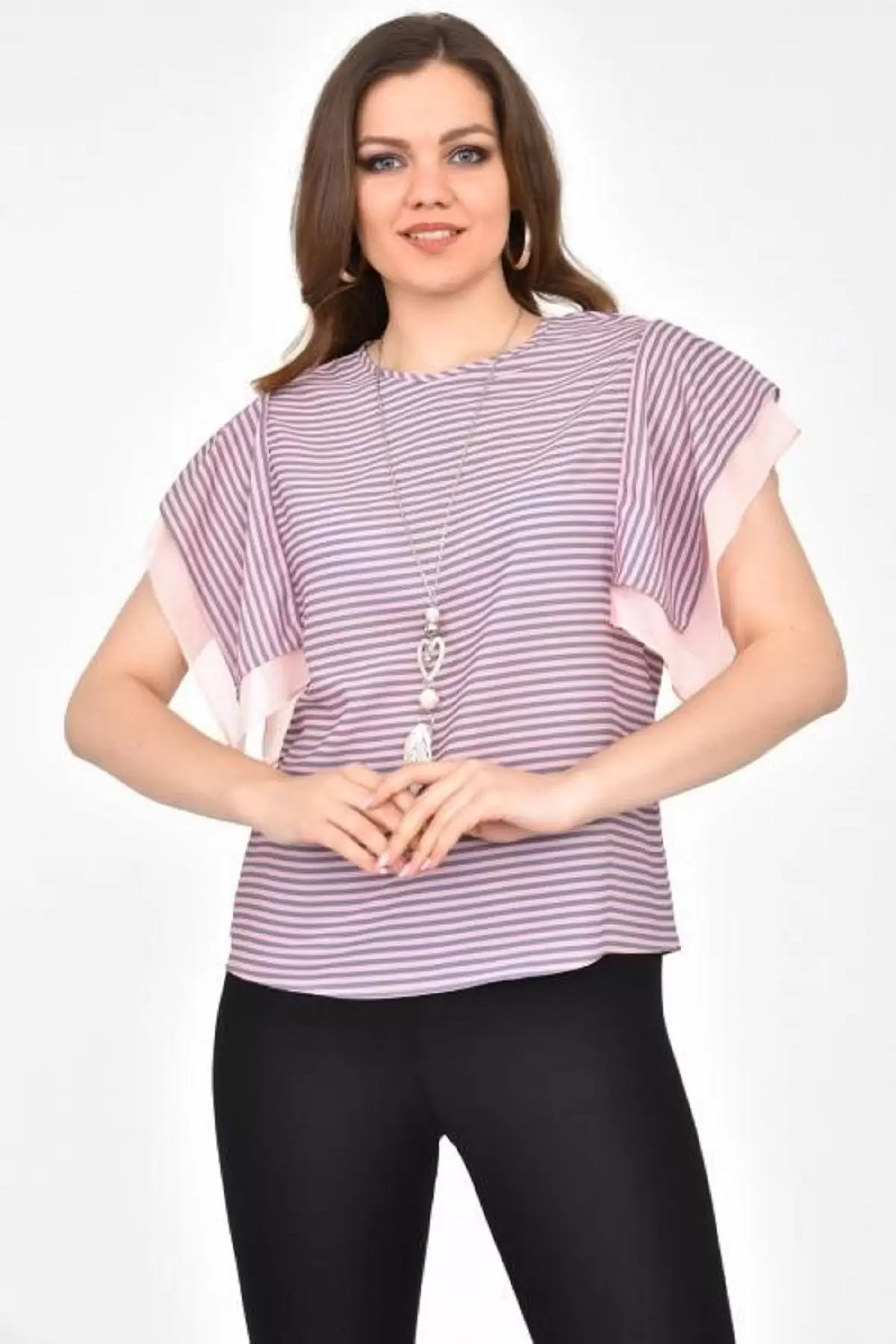 Bisiklet Yaka Takı ve Çizgili Kısa Kollu Pudra Kadın Bluz