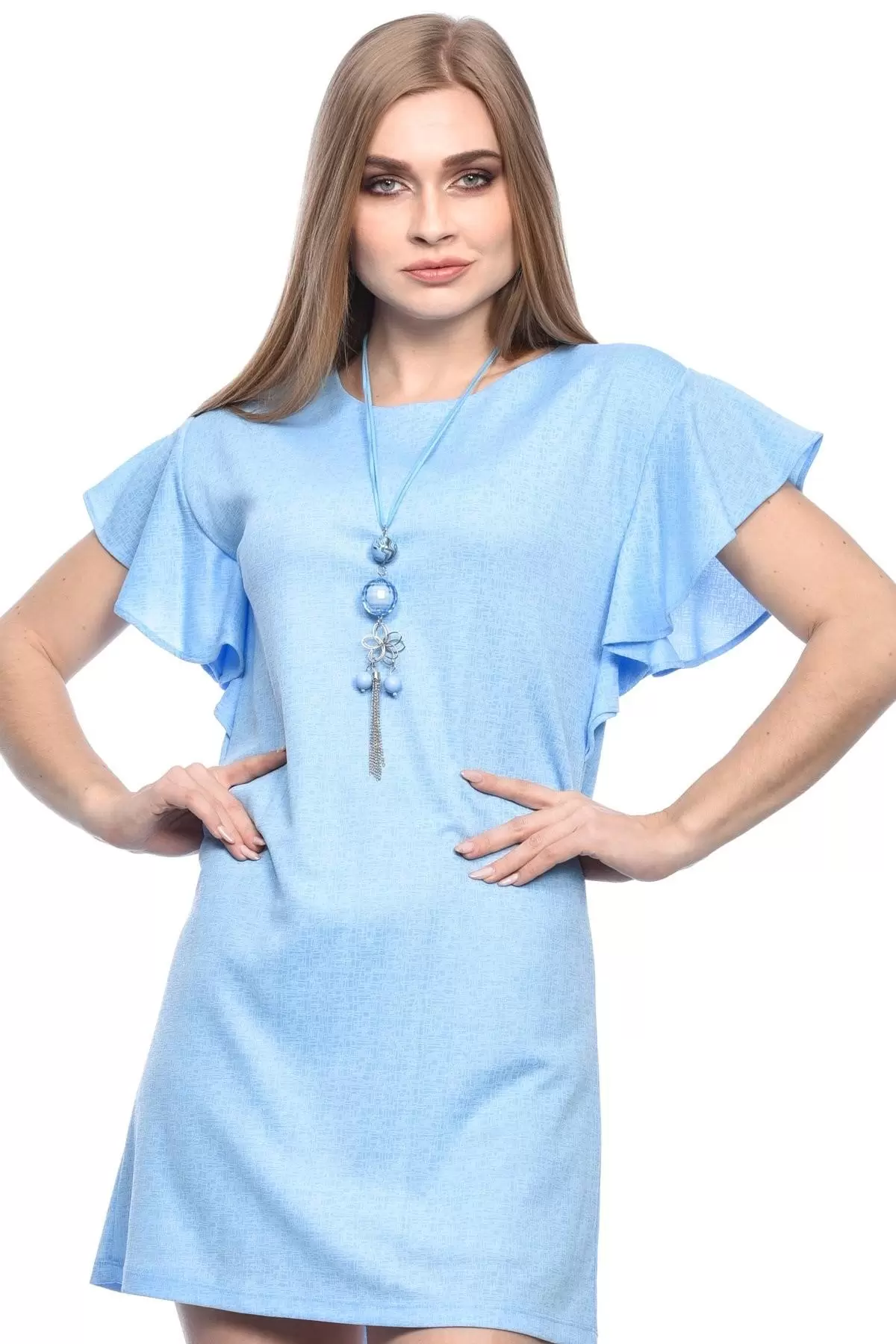 Bisiklet Yaka Takılı Volen Kol Bebe Mavi Kadın Elbise