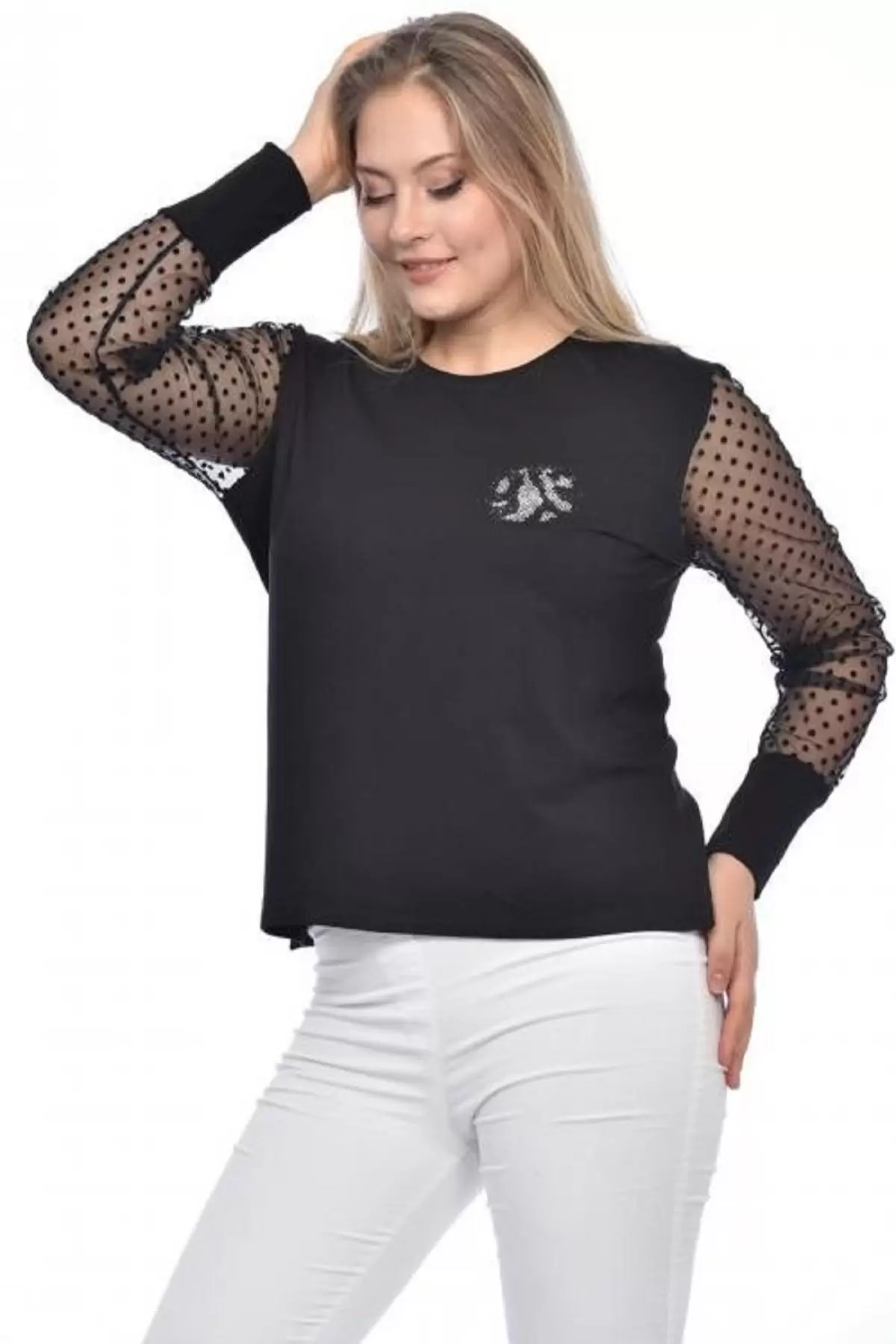 Bisiklet Yaka Taş ve Tüllü Uzun Kollu Siyah Kadın Bluz