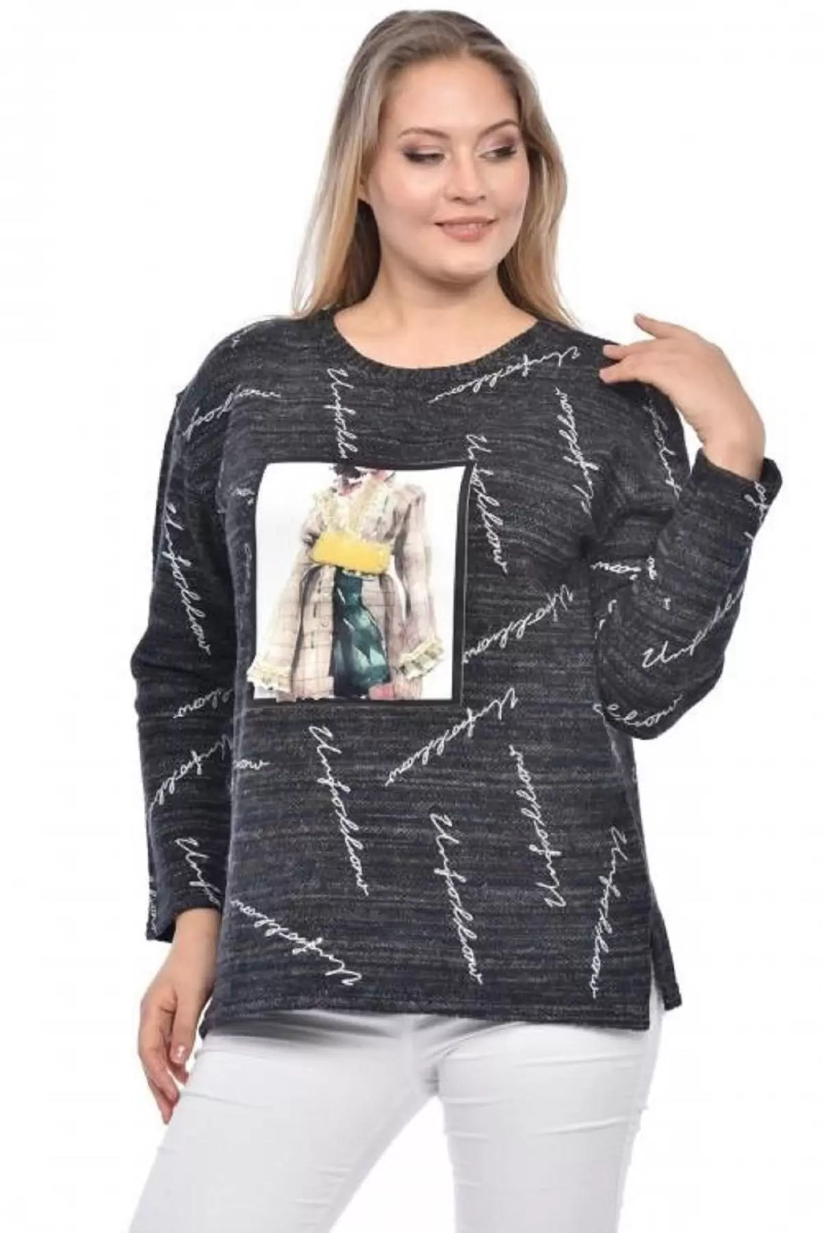 Bisiklet Yaka Taşlı Kadın Aplike Baskılı Füme Triko Kadın Bluz