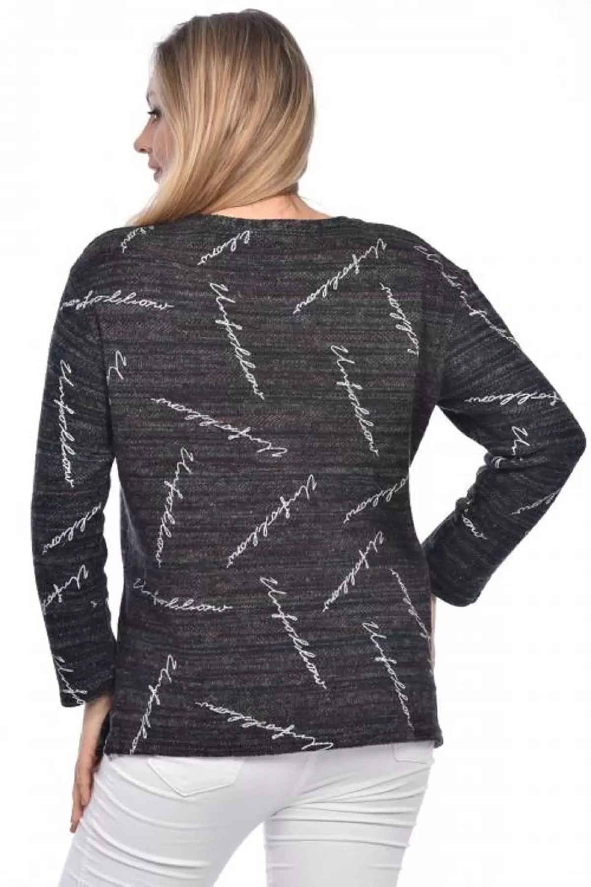 Bisiklet Yaka Taşlı Kadın Aplike Baskılı Füme Triko Kadın Bluz