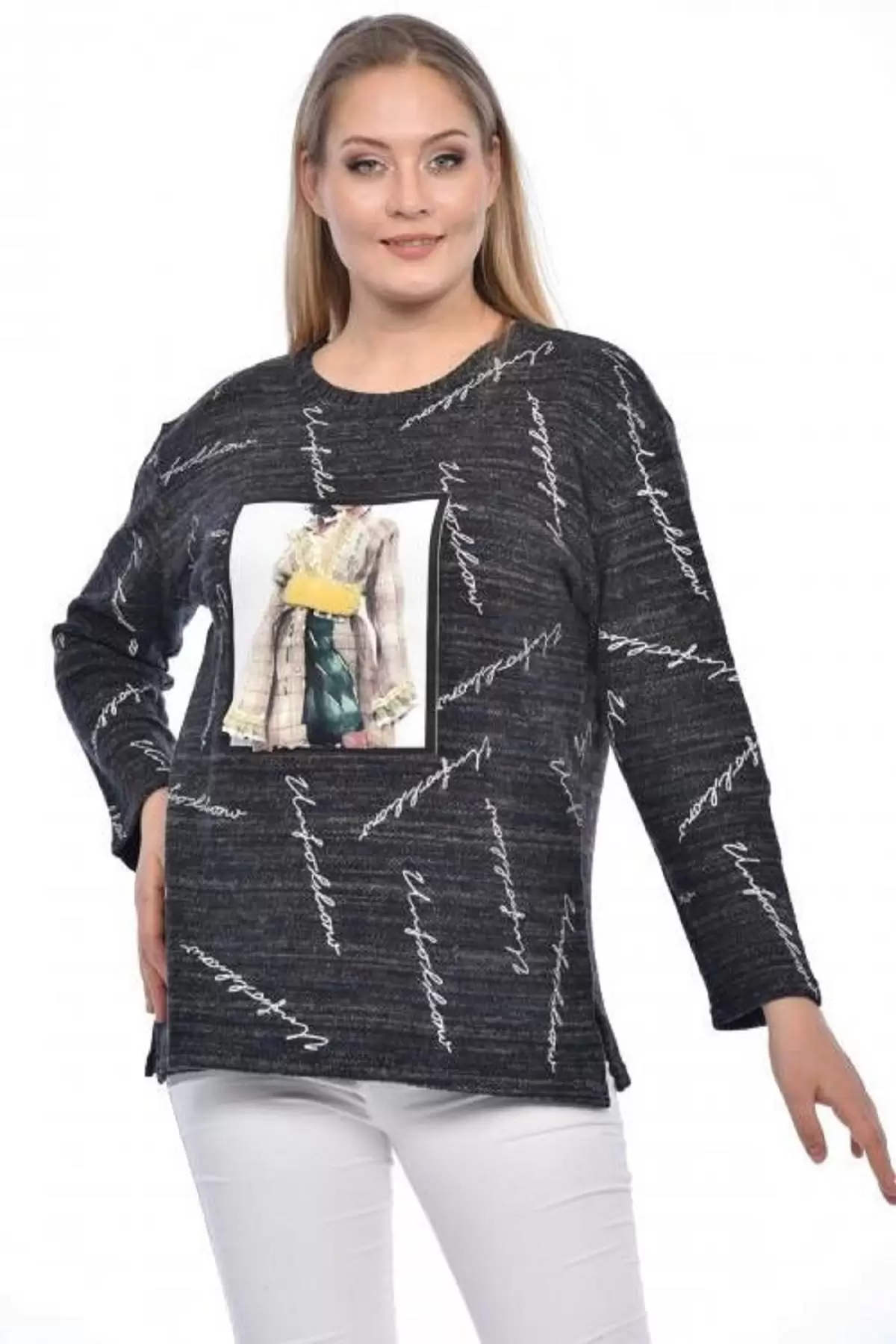 Bisiklet Yaka Taşlı Kadın Aplike Baskılı Füme Triko Kadın Bluz