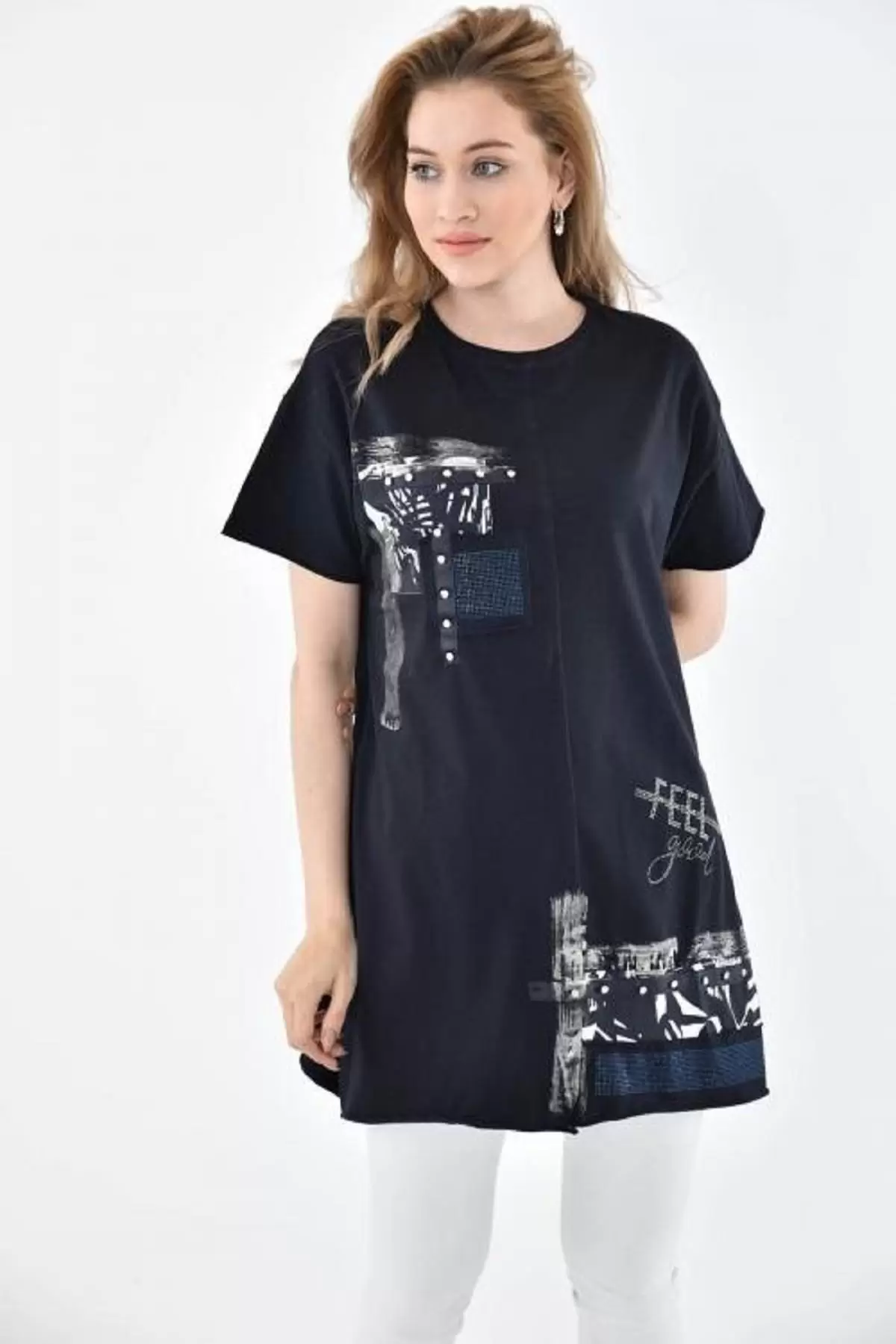 Bisiklet Yaka Taşlı ve Baskılı Lacivert Kadın Bluz