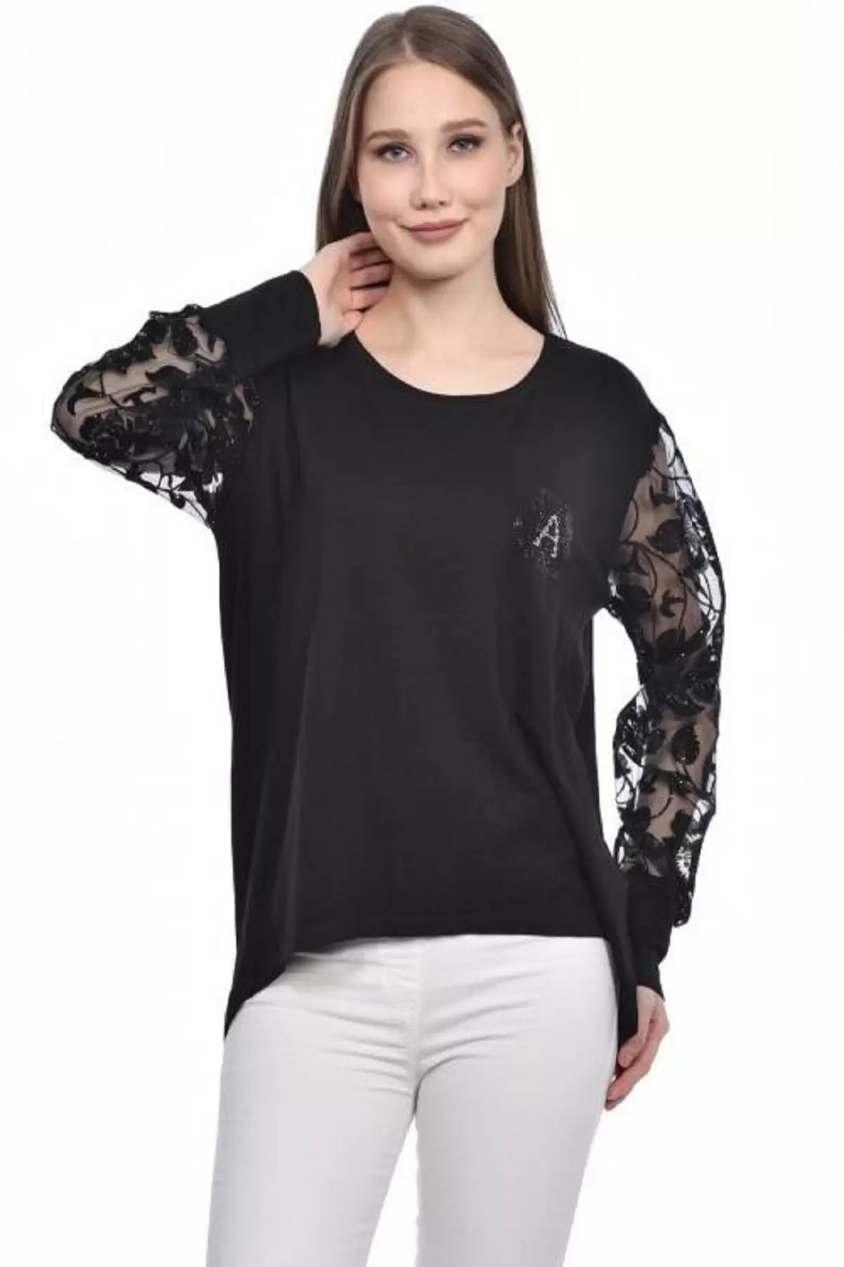 Bisiklet Yaka Tül ve Taş Desenli Siyah Kadın Bluz