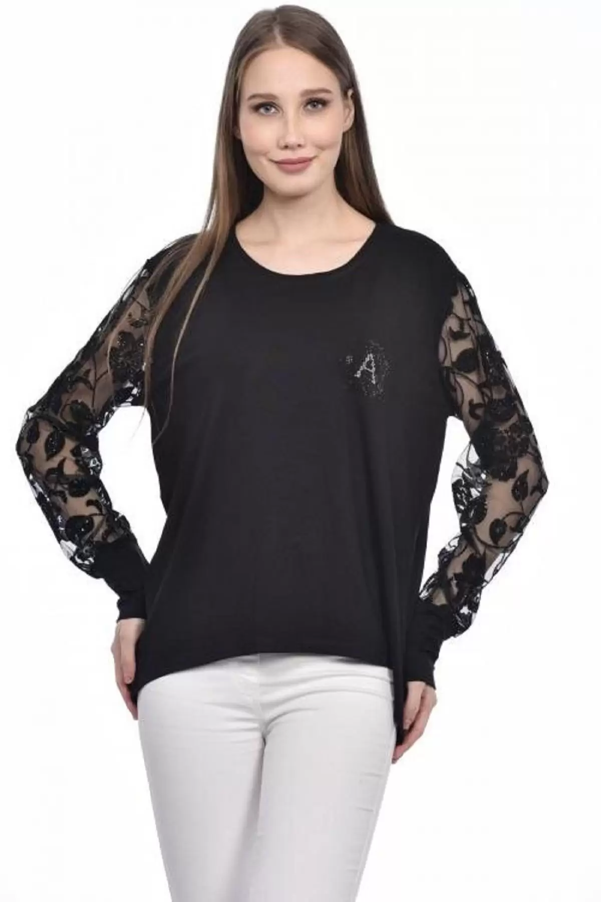 Bisiklet Yaka Tül ve Taş Desenli Siyah Kadın Bluz