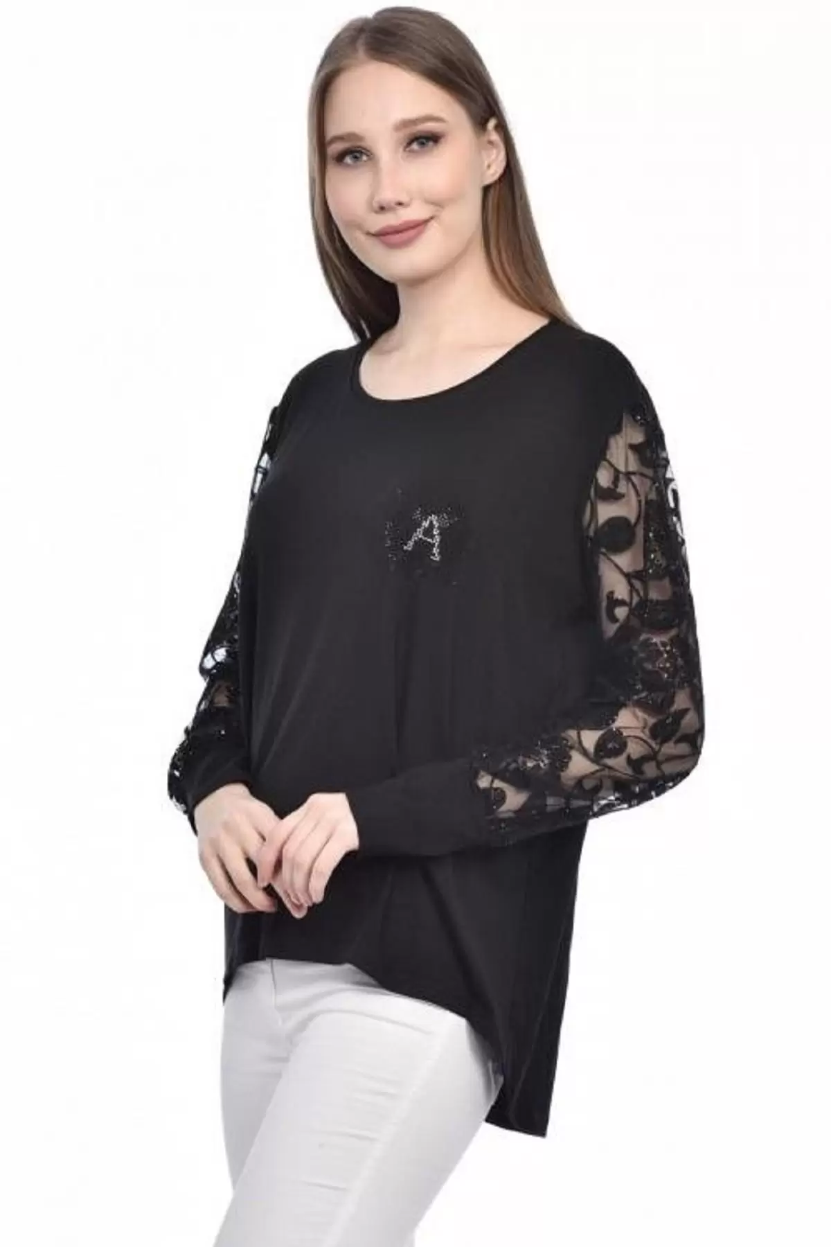 Bisiklet Yaka Tül ve Taş Desenli Siyah Kadın Bluz