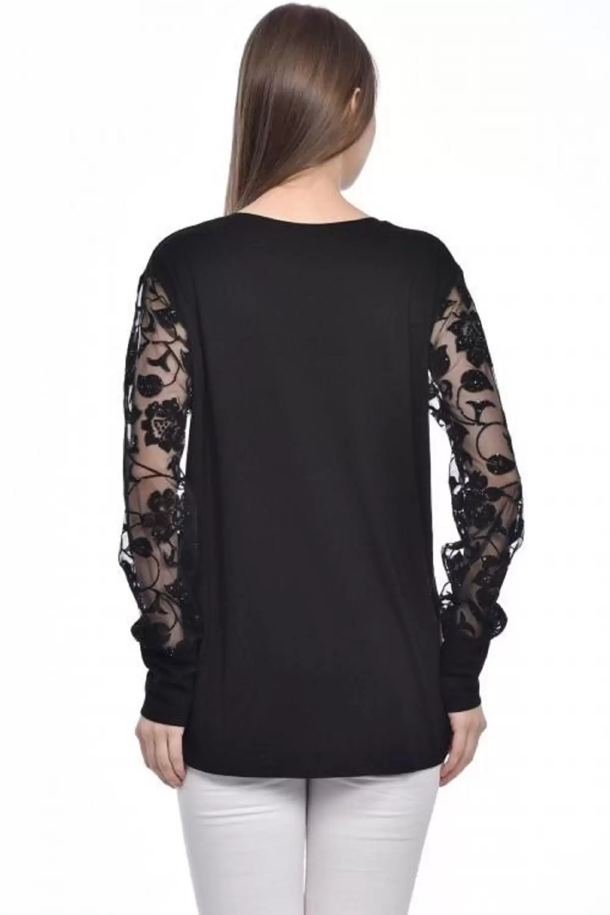 Bisiklet Yaka Tül ve Taş Desenli Siyah Kadın Bluz