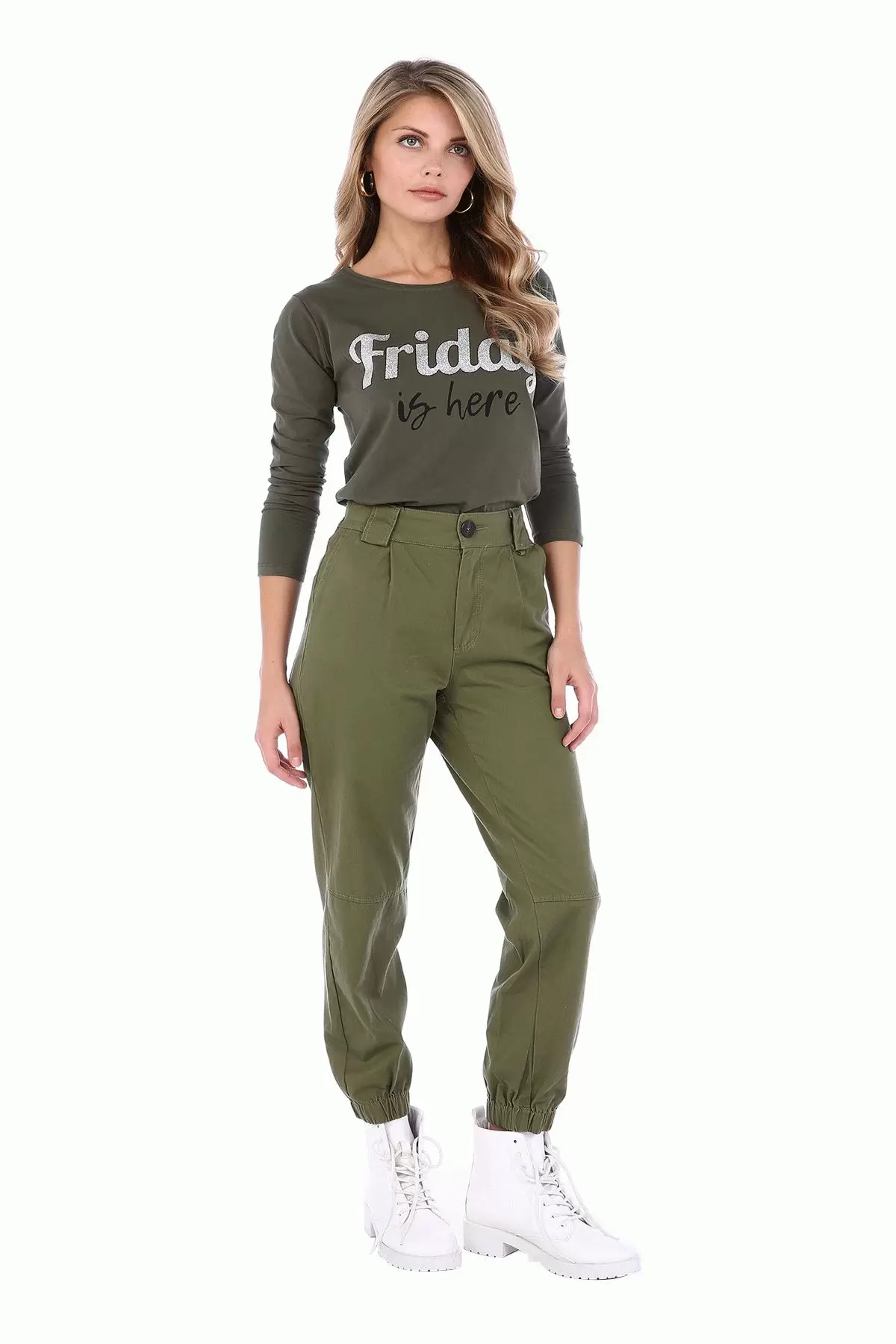 Bisiklet Yaka Uzun Kollu Friday Baskılı Haki Kadın Tişört