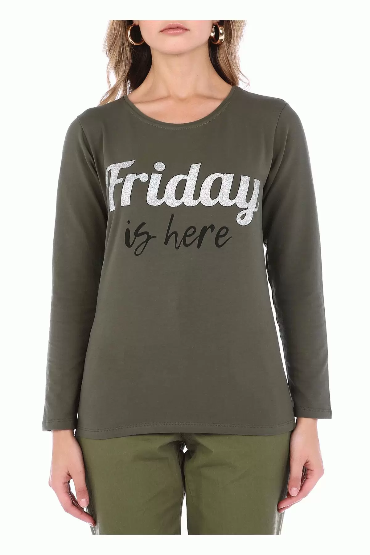 Bisiklet Yaka Uzun Kollu Friday Baskılı Haki Kadın Tişört