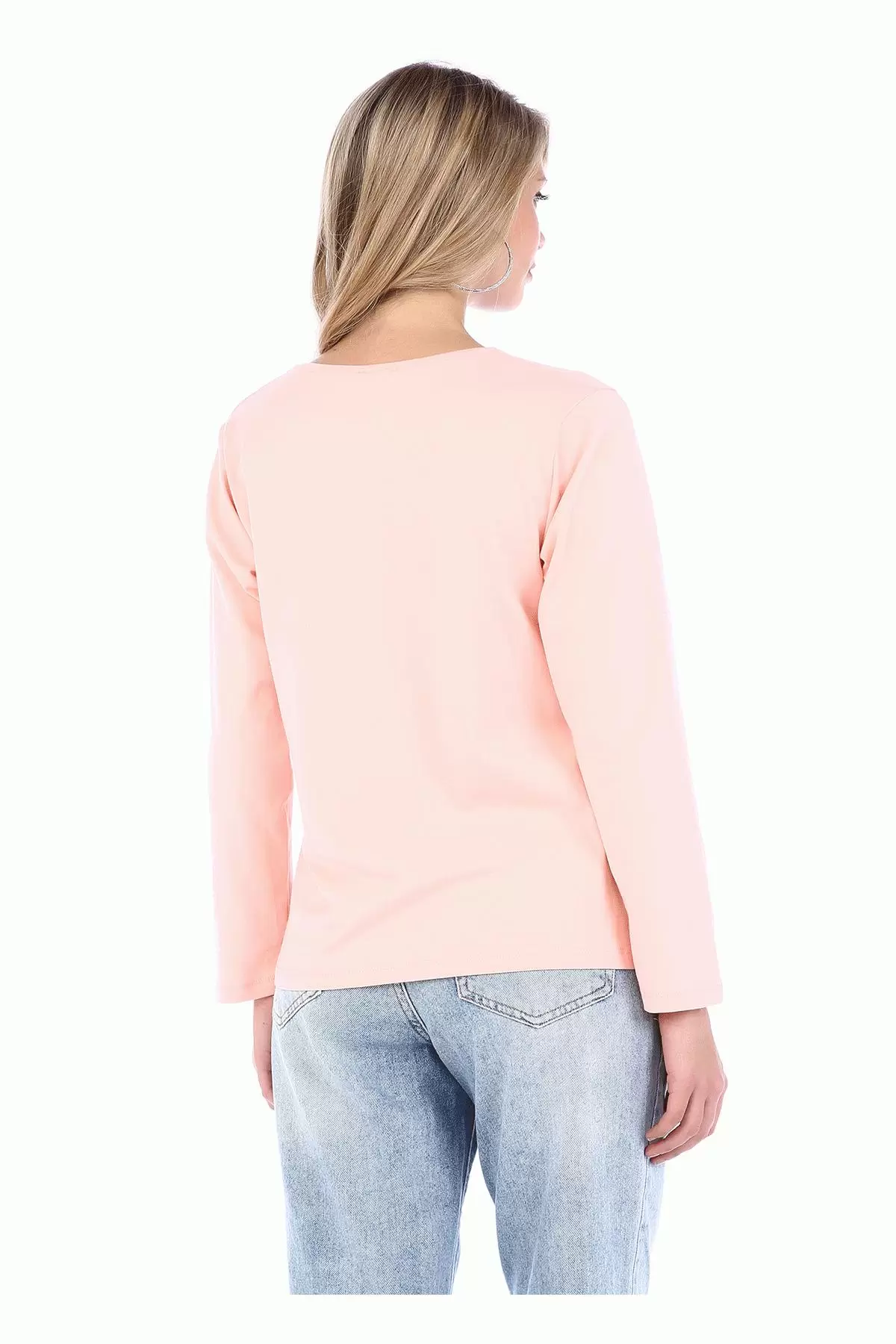 Bisiklet Yaka Uzun Kollu Friday Baskılı Pudra Kadın Tişört