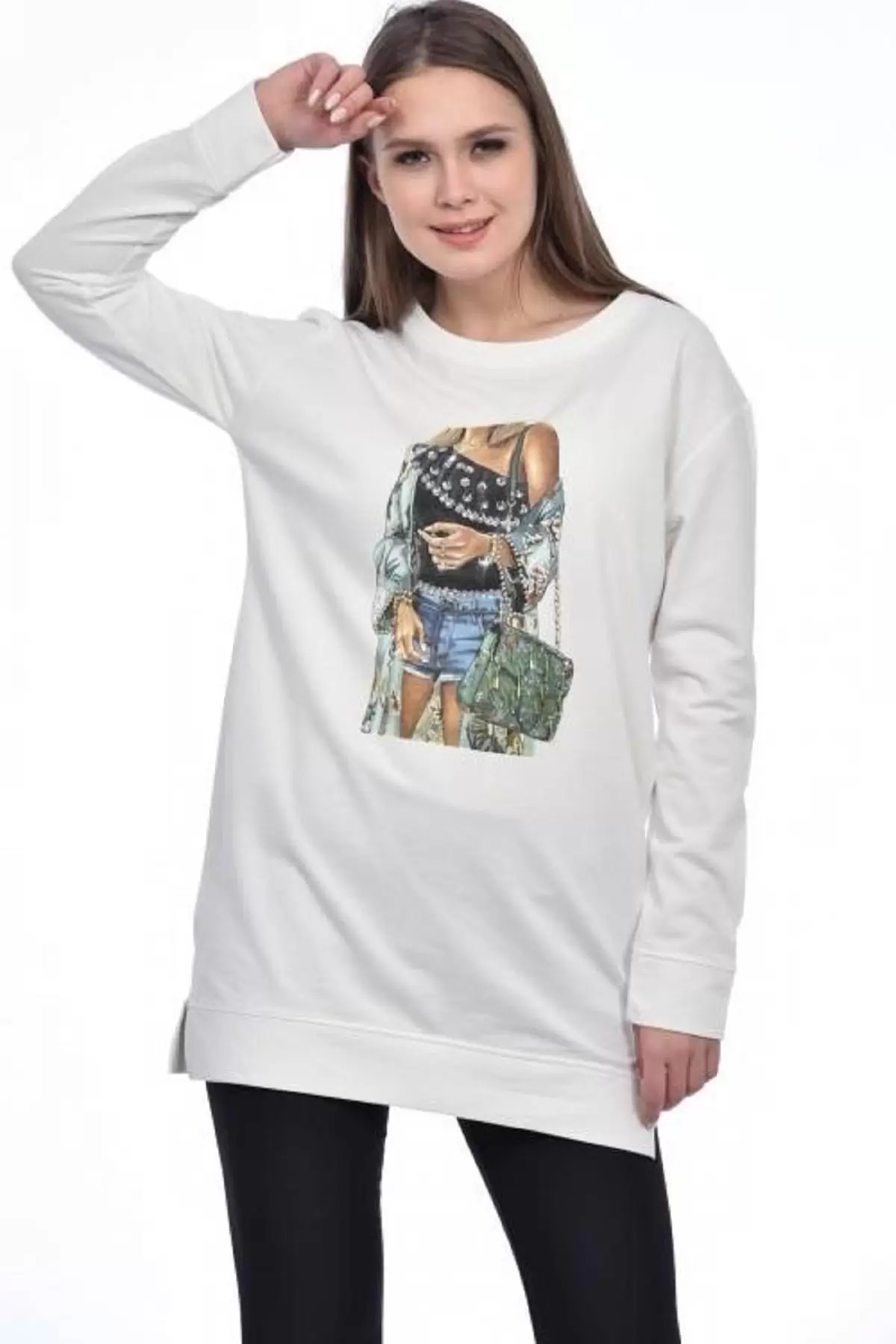 Bisiklet Yaka Uzun Kollu Kadın Baskılı Beyaz Kadın Tunik