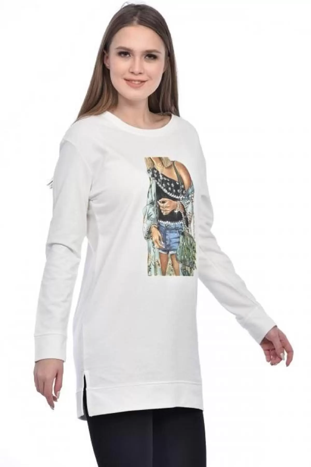 Bisiklet Yaka Uzun Kollu Kadın Baskılı Beyaz Kadın Tunik