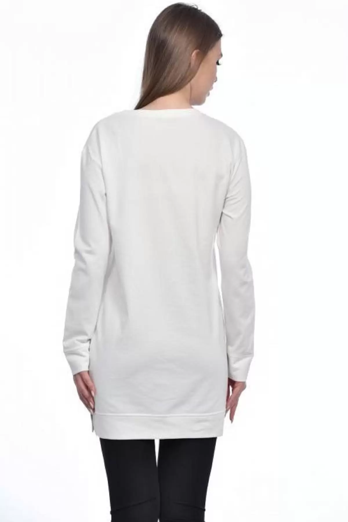 Bisiklet Yaka Uzun Kollu Kadın Baskılı Beyaz Kadın Tunik