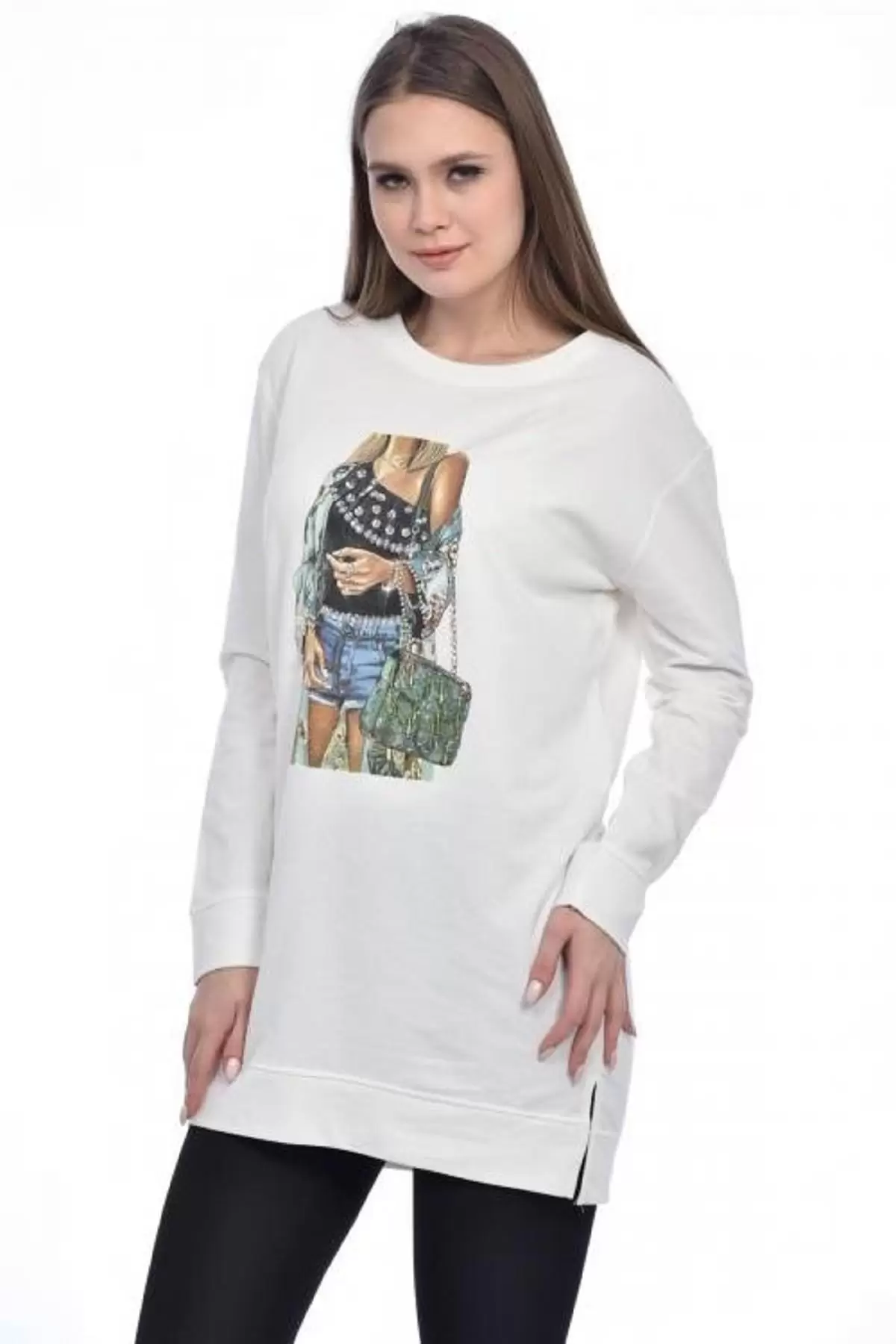 Bisiklet Yaka Uzun Kollu Kadın Baskılı Beyaz Kadın Tunik