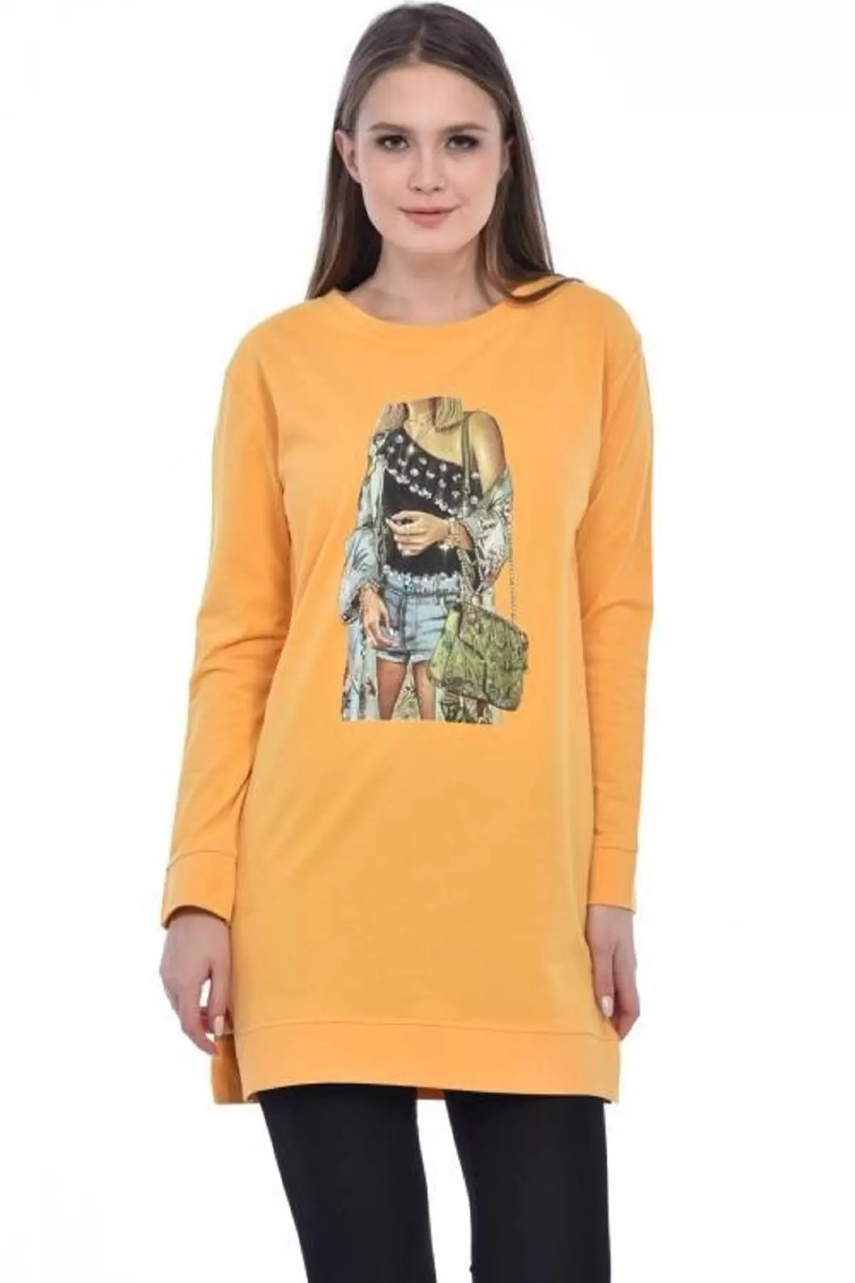 Bisiklet Yaka Uzun Kollu Kadın Baskılı Hardal Kadın Tunik