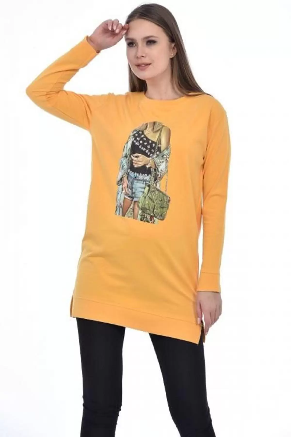 Bisiklet Yaka Uzun Kollu Kadın Baskılı Hardal Kadın Tunik