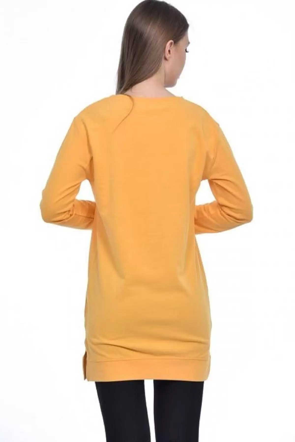 Bisiklet Yaka Uzun Kollu Kadın Baskılı Hardal Kadın Tunik