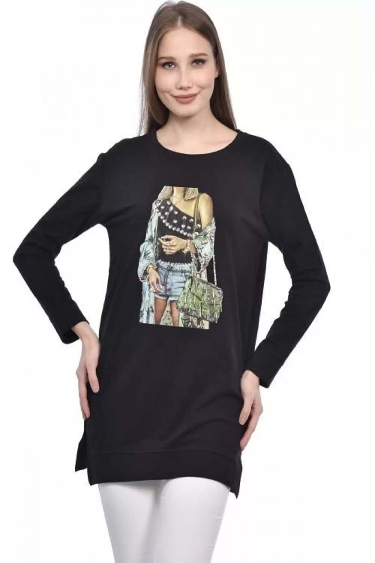 Bisiklet Yaka Uzun Kollu Kadın Baskılı Siyah Kadın Tunik