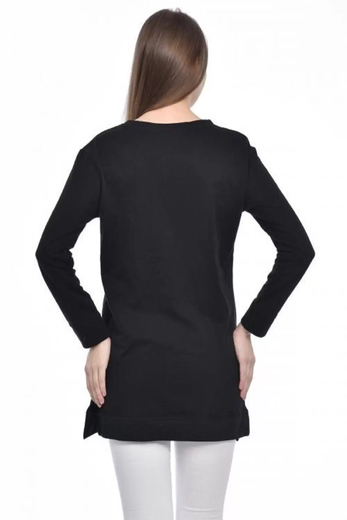 Bisiklet Yaka Uzun Kollu Kadın Baskılı Siyah Kadın Tunik