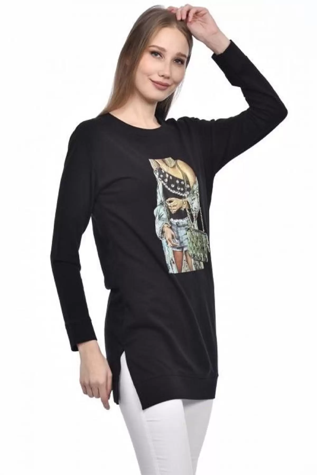 Bisiklet Yaka Uzun Kollu Kadın Baskılı Siyah Kadın Tunik