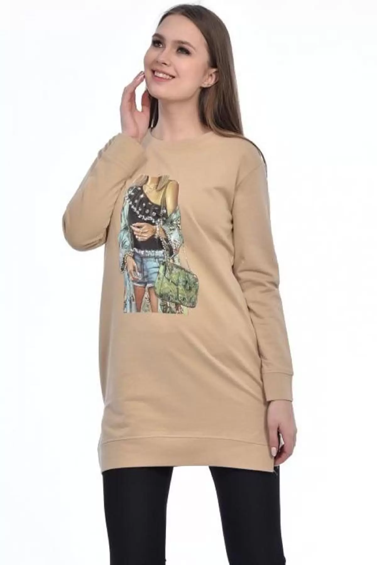 Bisiklet Yaka Uzun Kollu Kadın Baskılı Vizon Tunik