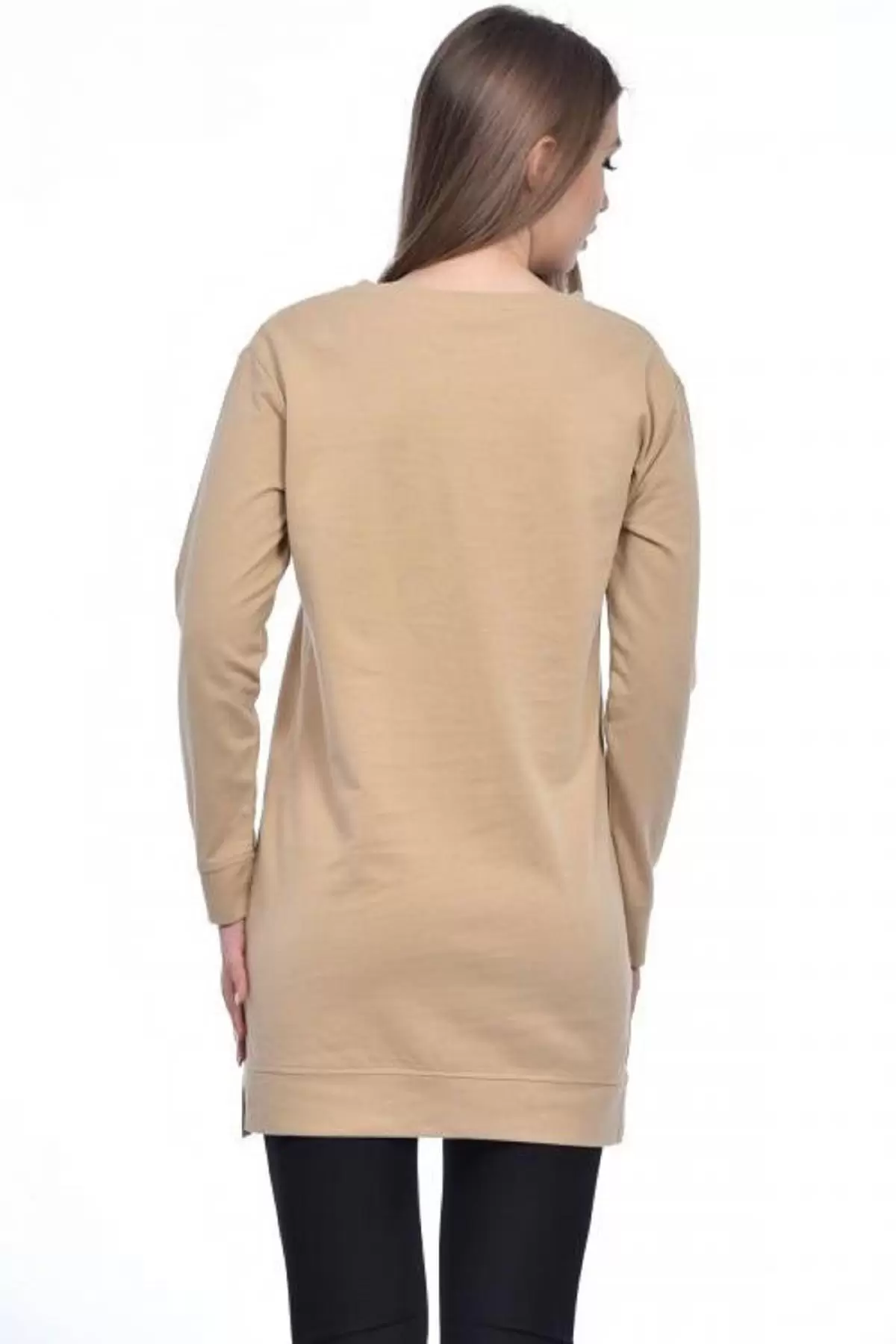 Bisiklet Yaka Uzun Kollu Kadın Baskılı Vizon Tunik