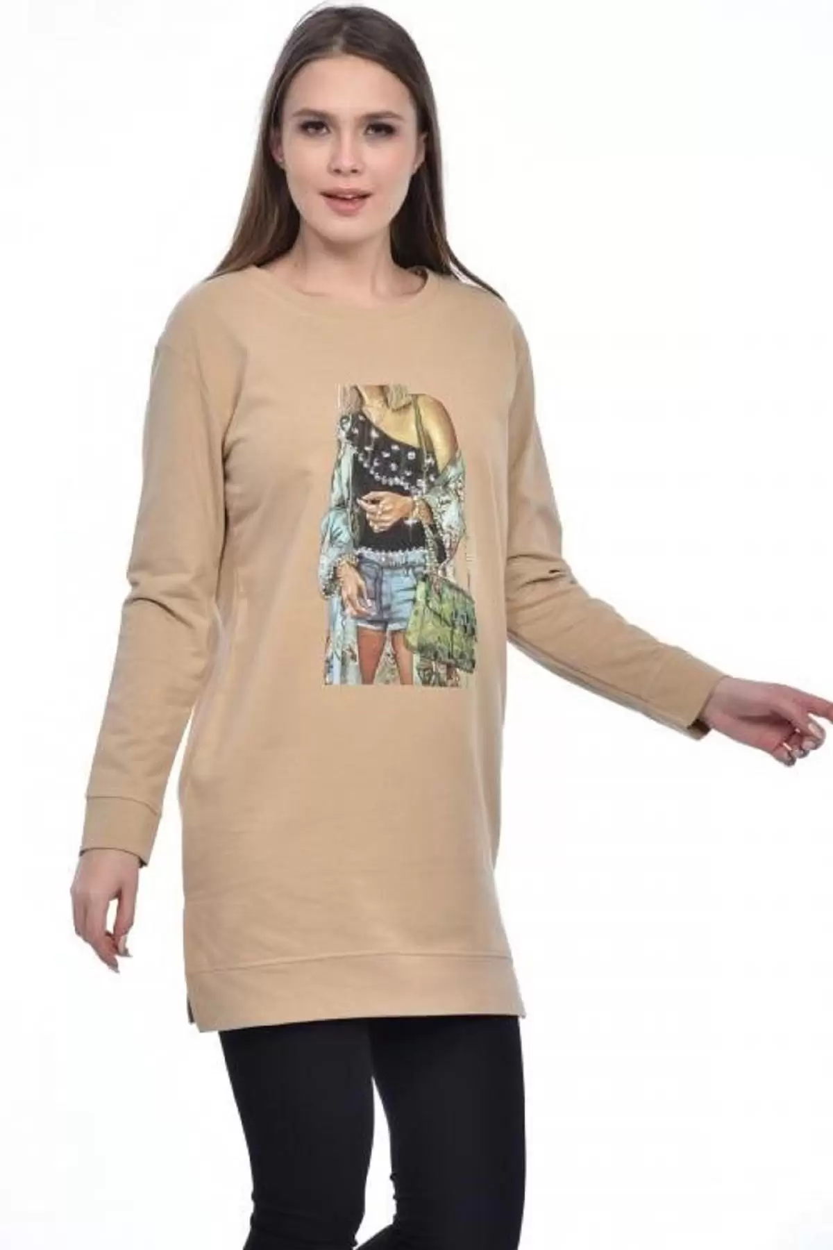 Bisiklet Yaka Uzun Kollu Kadın Baskılı Vizon Tunik