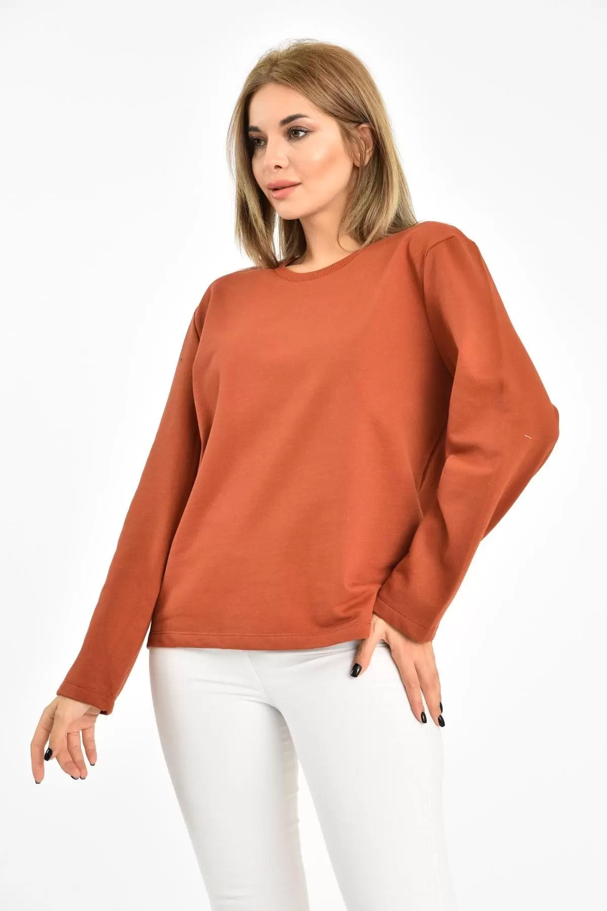 Bisiklet Yaka Uzun Kollu Şardonlu Kiremit Kadın Sweatshirt