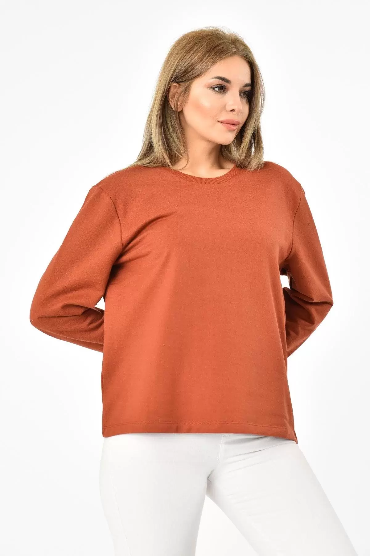 Bisiklet Yaka Uzun Kollu Şardonlu Kiremit Kadın Sweatshirt