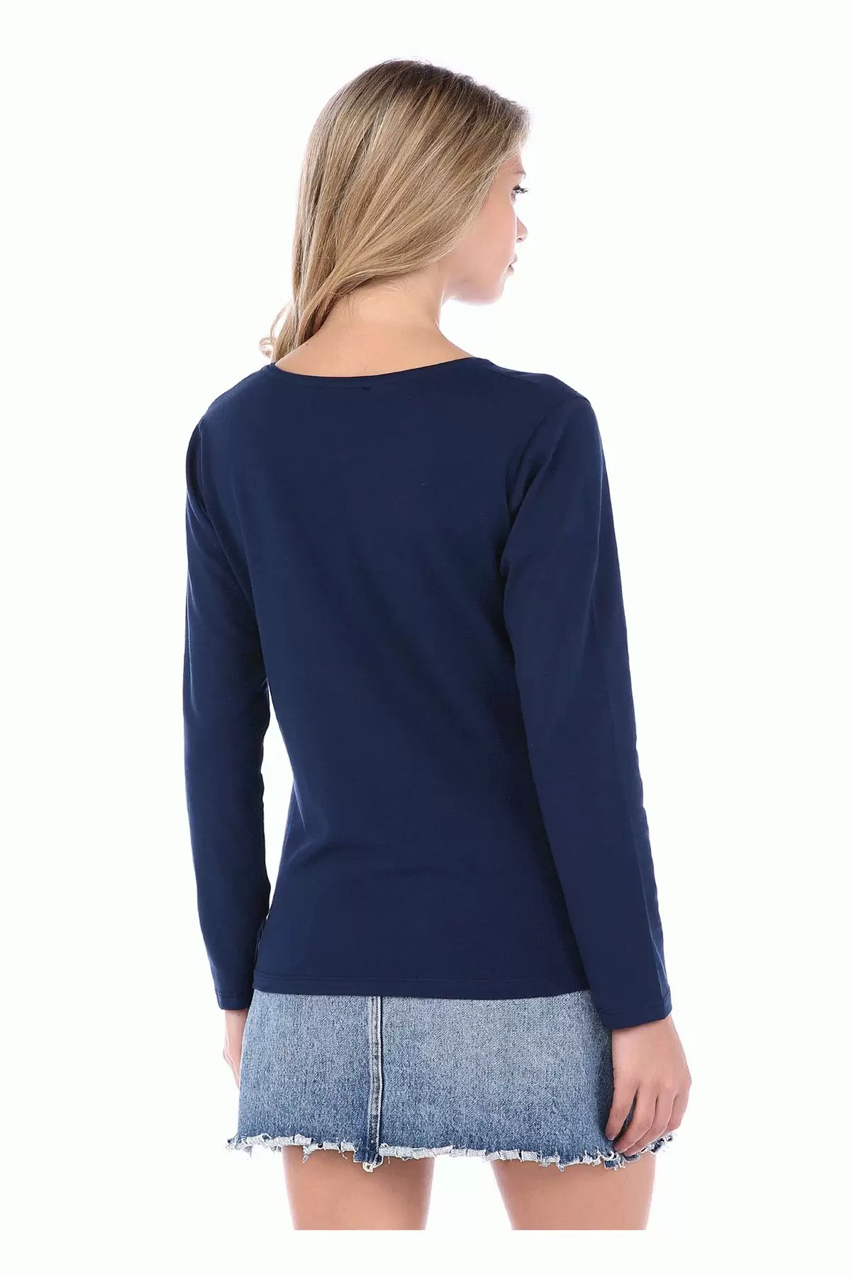 Bisiklet Yaka Uzun Kollu Yıldız Baskılı Lacivert Kadın Tişört