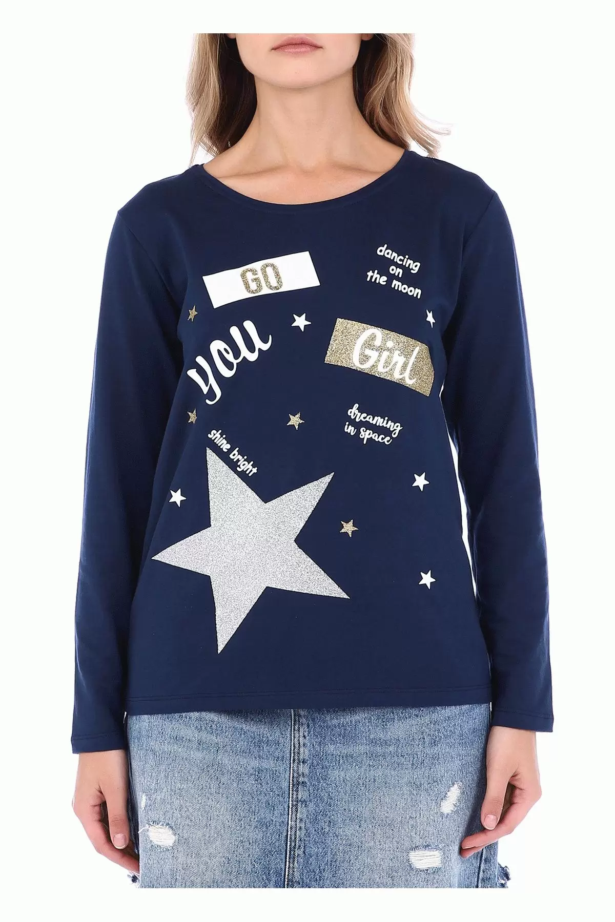 Bisiklet Yaka Uzun Kollu Yıldız Baskılı Lacivert Kadın Tişört