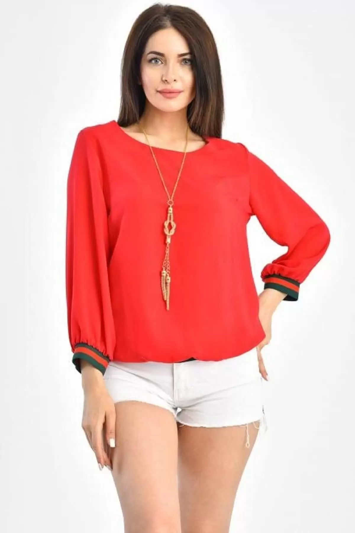 Bisiklet Yaka Uzun Kolu Takı Detaylı Kırmızı Kadın Bluz