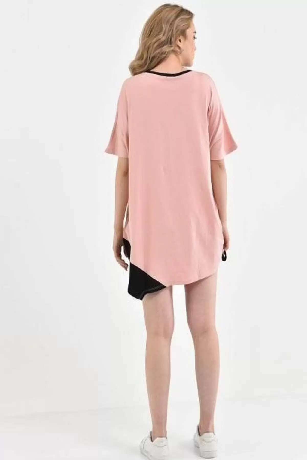 Bisiklet Yaka Yandan Fermuarlı Baskılı ve Taşlı Pudra Kadın Kadın Bluz