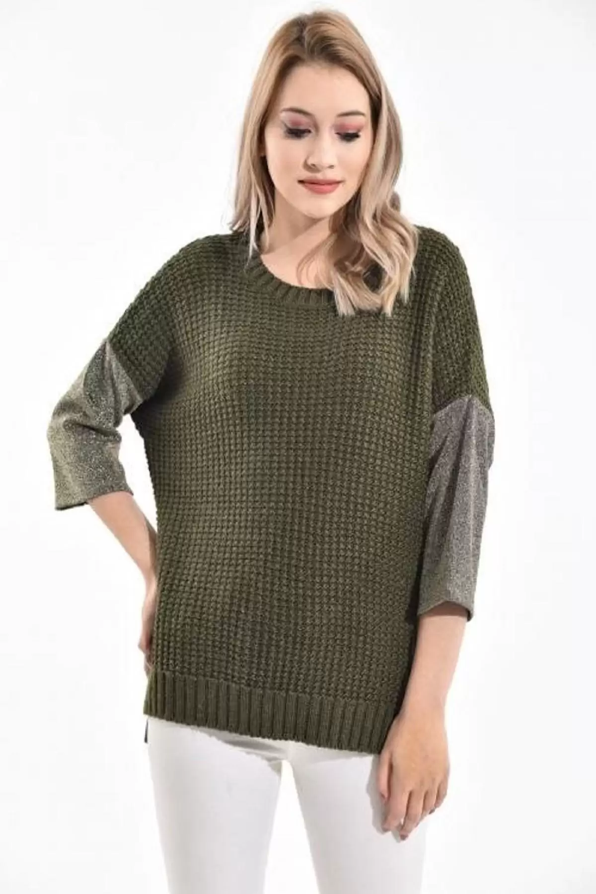 Bisiklet Yaka Zincir Örme Haki Kadın Kazak