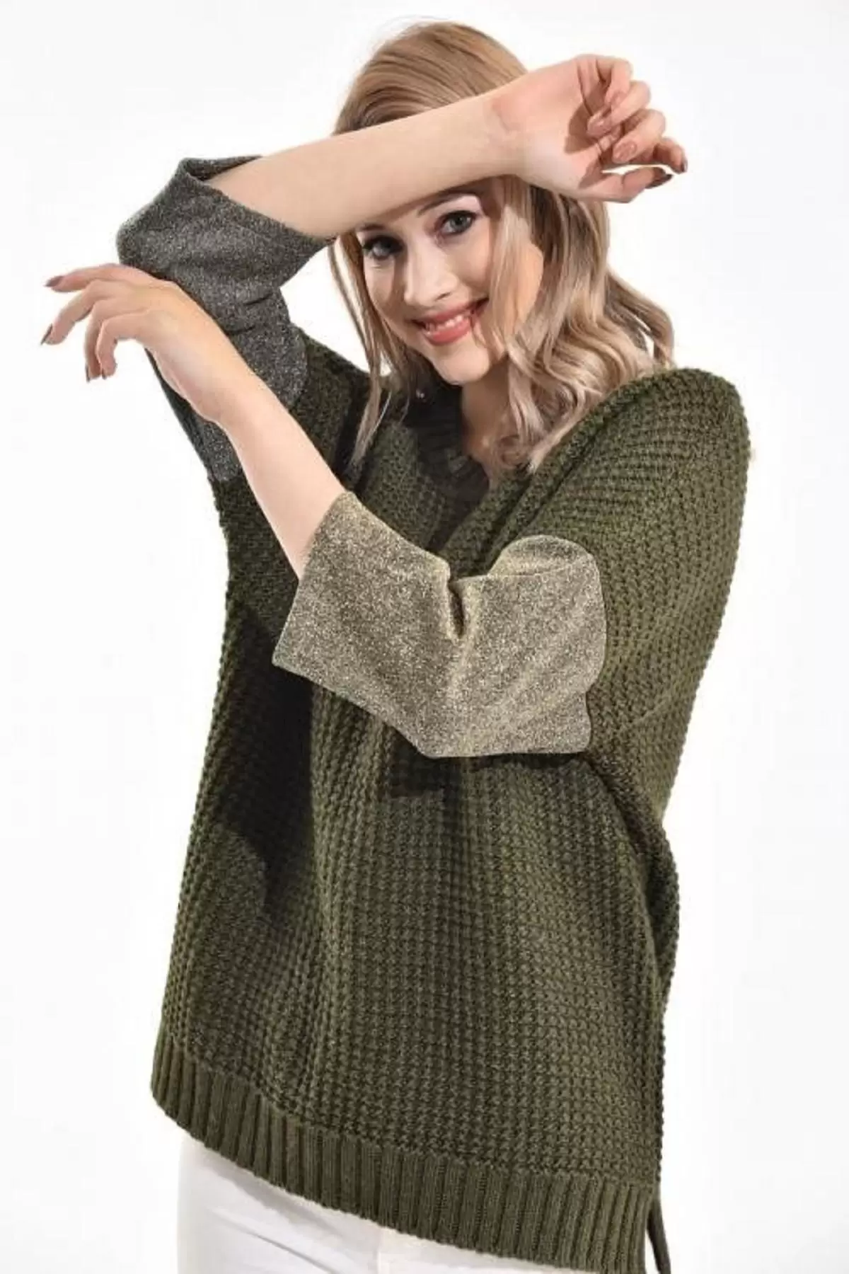 Bisiklet Yaka Zincir Örme Haki Kadın Kazak