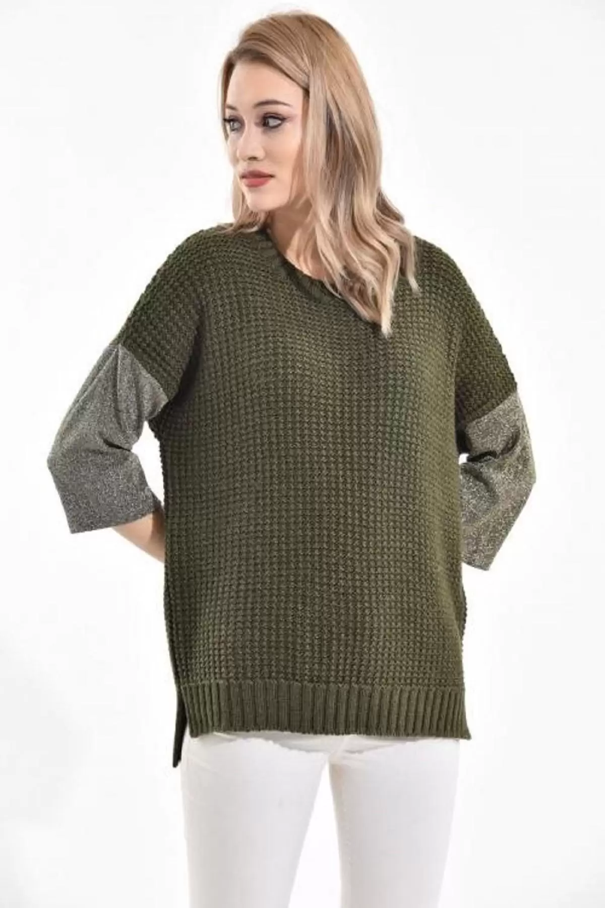 Bisiklet Yaka Zincir Örme Haki Kadın Kazak