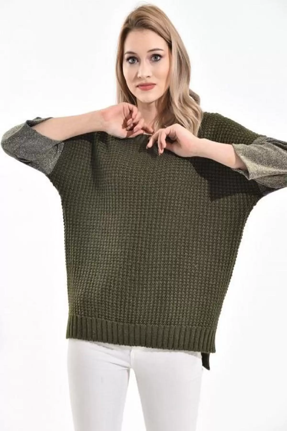 Bisiklet Yaka Zincir Örme Haki Kadın Kazak