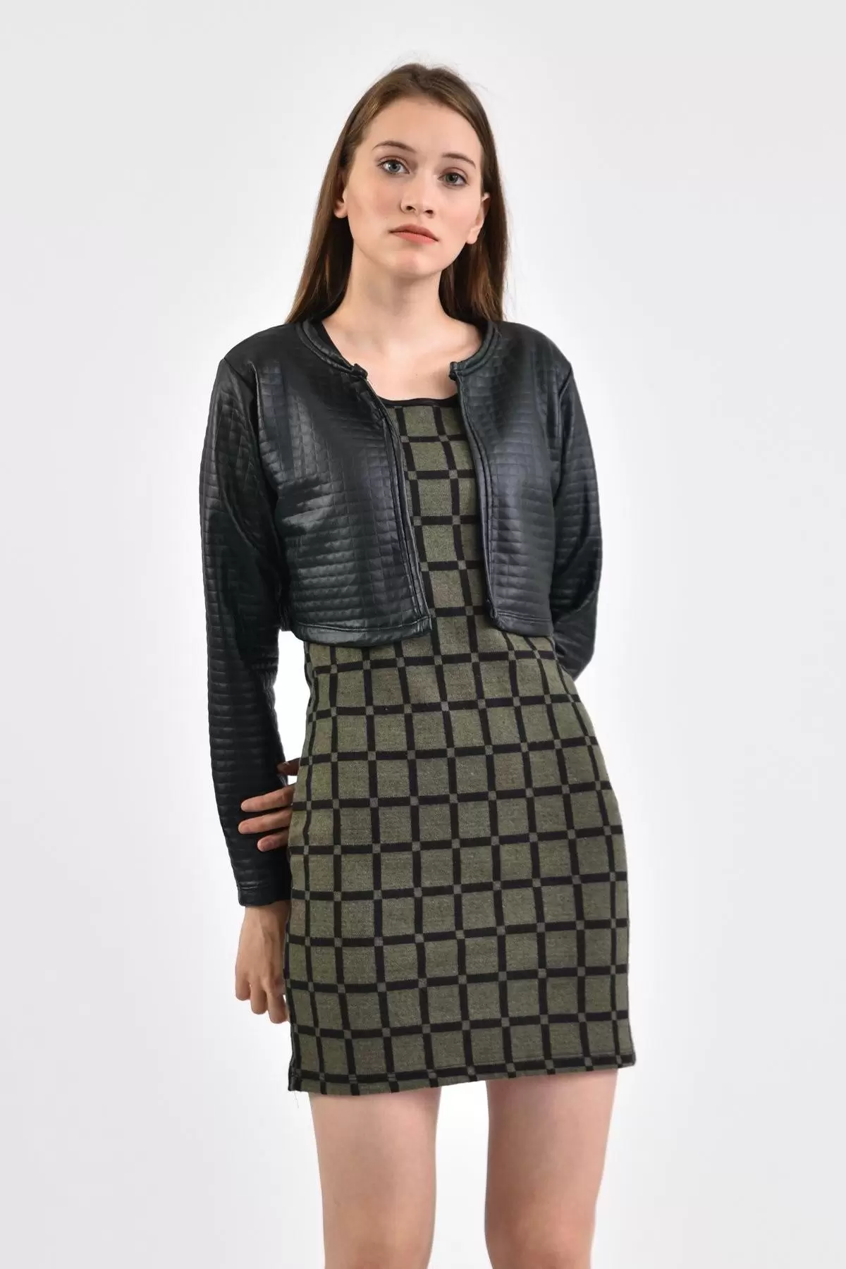 Deri Ceketli Siyah Kare Desenli Bisiklet Yaka Haki Kadın Elbise